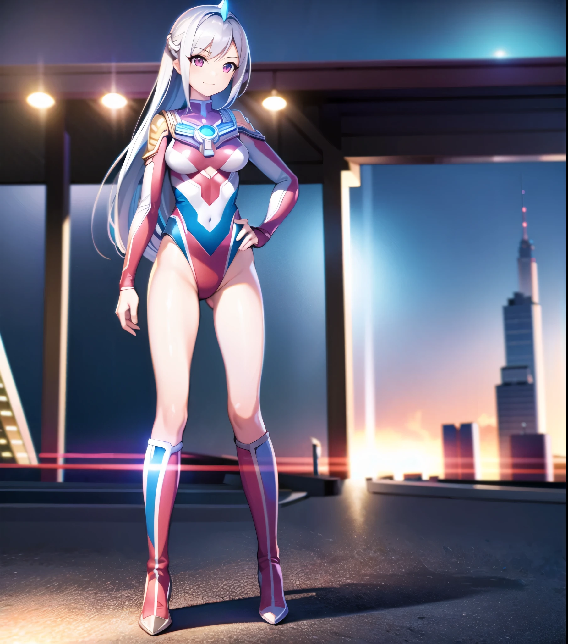 extremely detailed CG unreal engine 8k, best quality, (detailed fingers, detailed hands, detailed face), all intricate, 1girl, beautiful detailed girl, (ultragirl :1.0), ultraman bodysuit, leotard, bare legs, knee boots, upper body, smile, thumbs up, stylish posing, hand on hip, standing, detailed buildings behind, outside