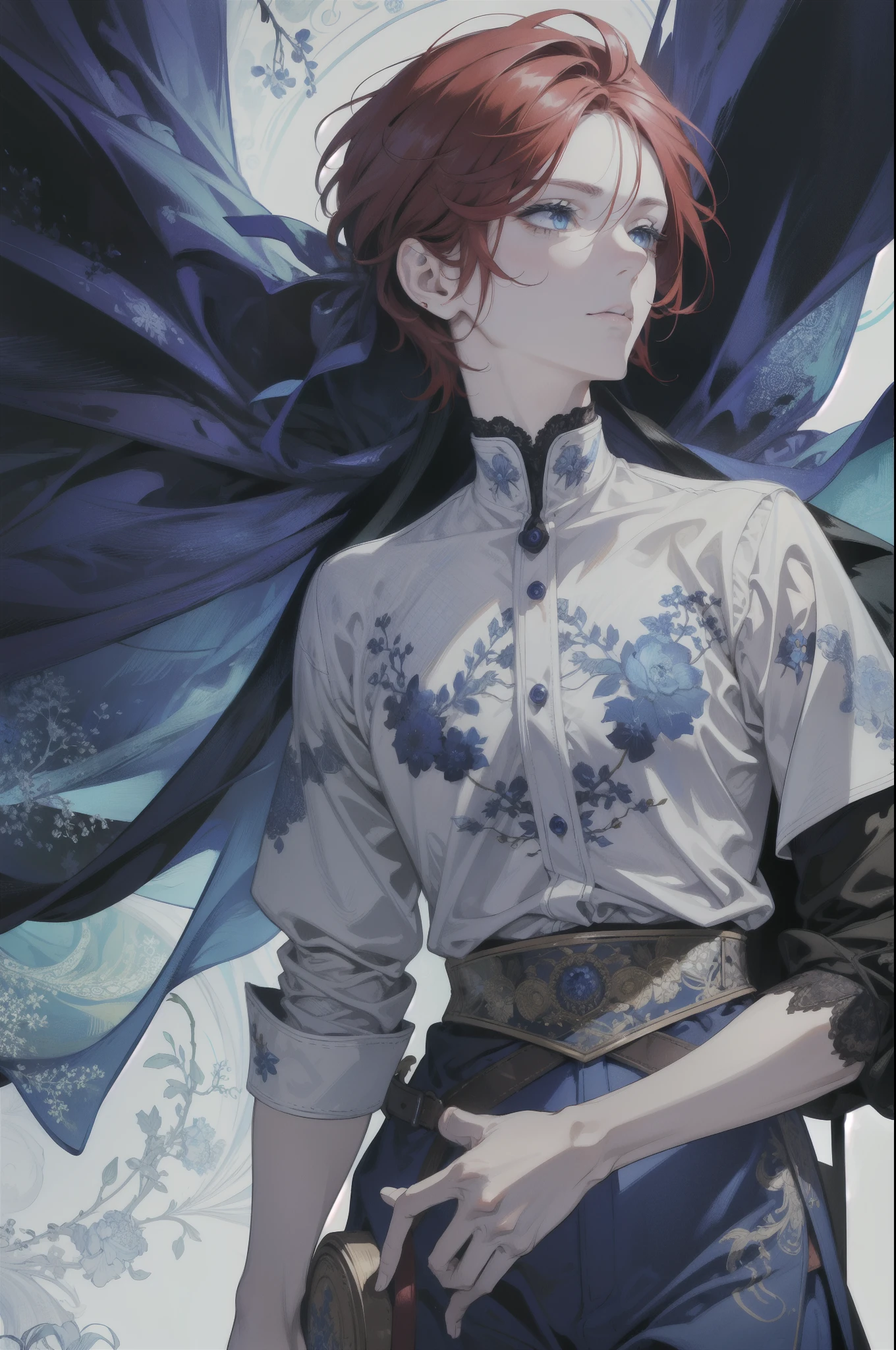 (ultra detailed, absurdres, highres), 1 male, adult, handsome, detailed eyes, detailed face, short hair, red hair, blue eyes, white clothes, patterns on clothes, very detailed design, a lot of details, fantasy design