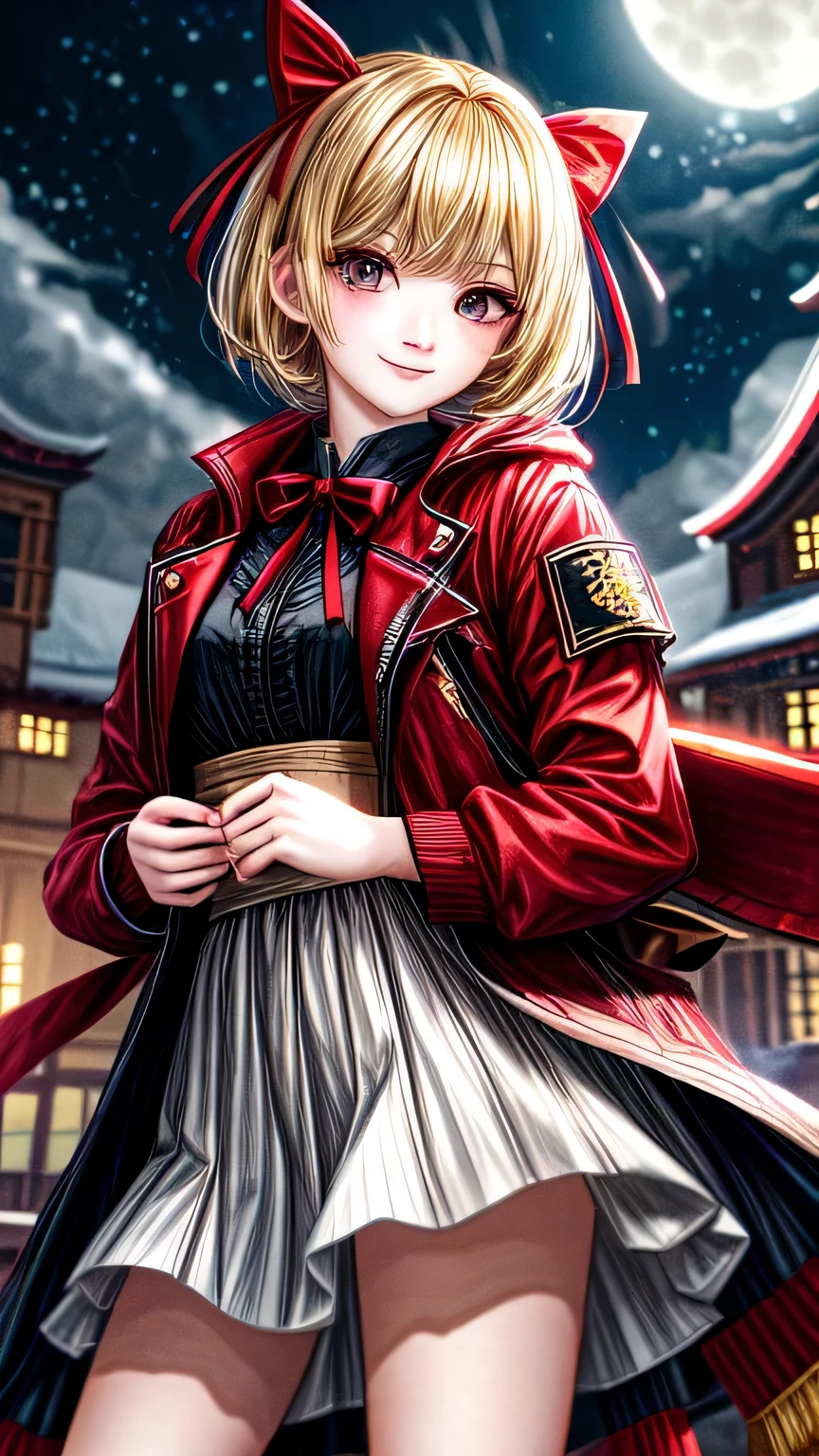 high quality, 最high quality, masterpiece, disorganized, red_Jacket, ribbon, black_eye, blonde_hair, short_hair, hair_ribbon, smile, 1 girl, torn clothes, Cloth, Dense and beautiful black eyes, beautiful detailed lips, Highly detailed eyes and face, long eyelashes, detailed face, masterpiece, 最high quality, high quality, High resolution, (moonlit night background), Click here for eye line、((()))