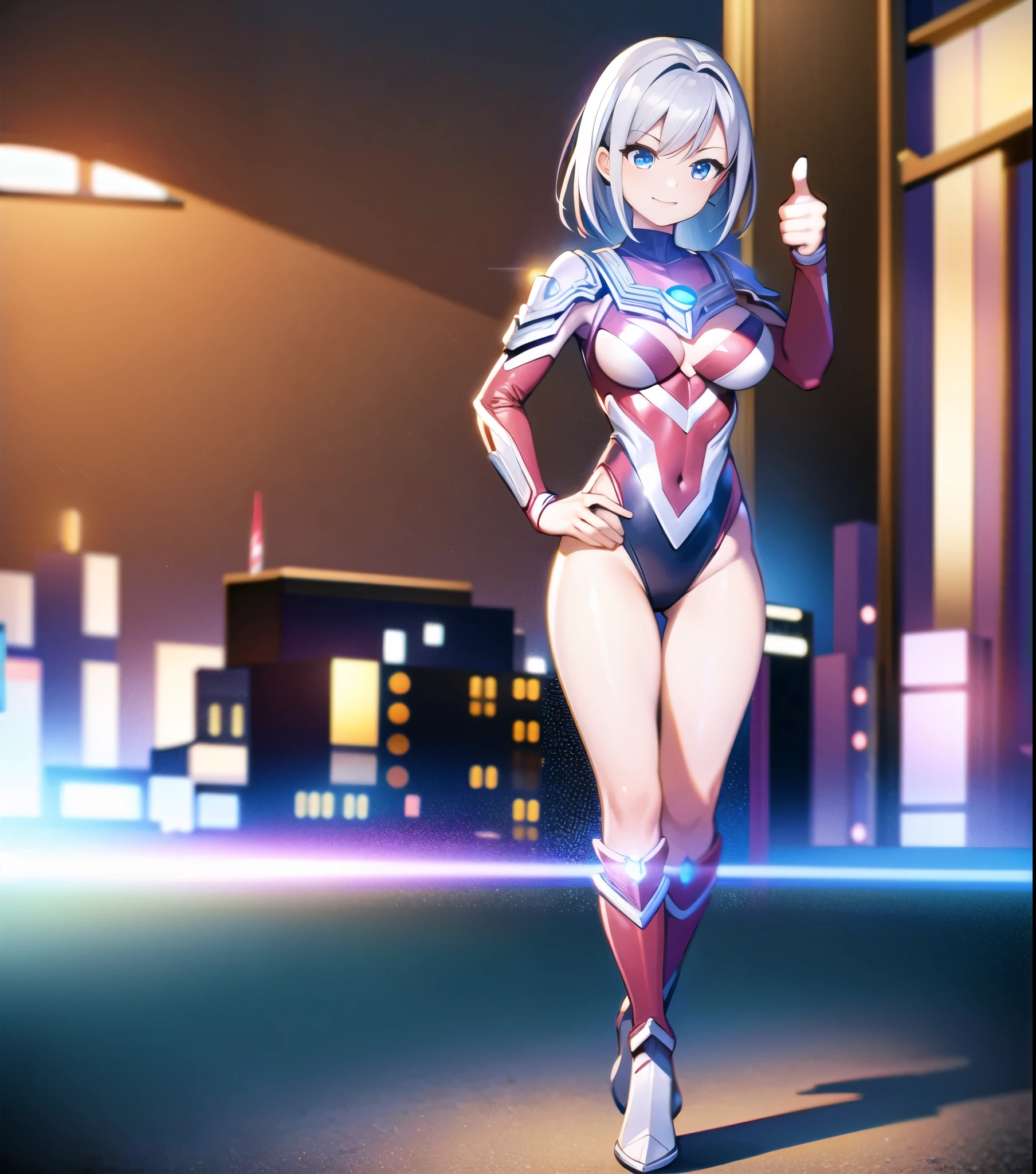 extremely detailed CG unreal engine 8k, best quality, (detailed fingers, detailed hands, detailed face), all intricate, 1girl, beautiful detailed girl, (ultragirl :1.0), ultraman bodysuit, leotard, bare legs, knee boots, upper body, smile, thumbs up, stylish posing, hand on hip, standing, detailed buildings behind, outside