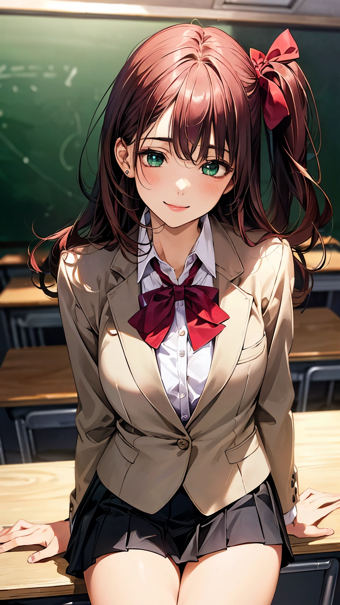 (masterpiece:1.3, top-quality, ultra high res, ultra detailed), (realistic, photorealistic:1.4), beautiful illustration, perfect lighting, natural lighting, colorful, depth of fields,
looking at viewer, cowboy shot, front view, 1 girl, japanese, high school girl, perfect face, cute and symmetrical face, shiny skin,
(long hair:1.2, ((two side up:1.2)), fuchsia-hair), emerald green eyes, (large breasts:0.8, seductive thighs),
beautiful hair, beautiful face, beautiful detailed eyes, beautiful clavicle, beautiful body, beautiful chest, beautiful thigh, beautiful legs, beautiful fingers,
(((sjxf, beige blazer with purple, close blazer), white blouse shirt, red pleated skirt with purple line, red bow tie), red hair ribbon),
(beautiful scenery), evening, (school class room, blackboard, lecture desk), (sitting lecture desk), (seductive smile, upper eyes),