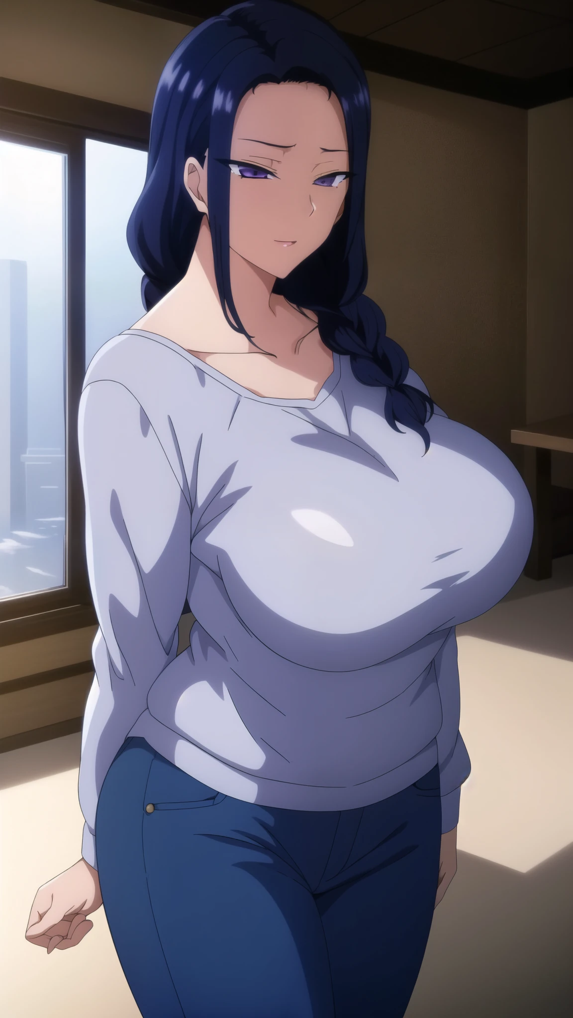 master piece, anime, 1girl, blue pants, mature woman, solo, long hair, huge breasts, black hair, , lilac eyes, collarbone, light blue sweater, single braid, (masterpiece: 1.0), (best_quality: 1.0), ultra high resolution, 4K, ultra detailed, long sleeves, ((((in heat)))
