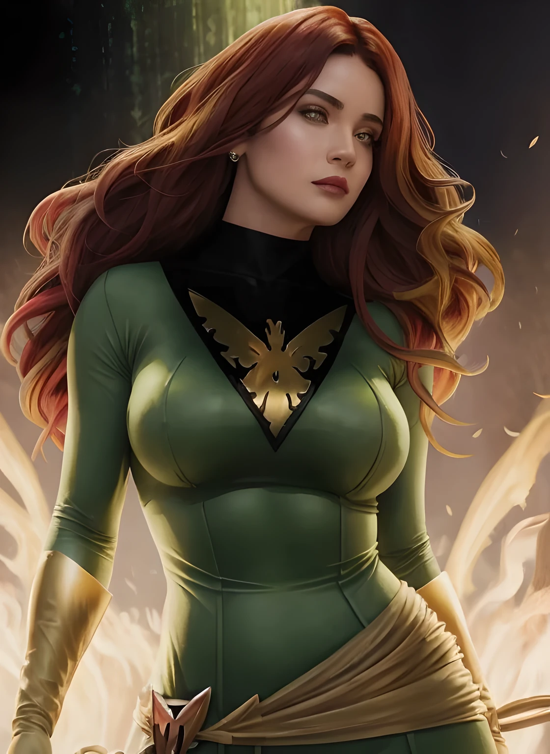 (melhor qualidade,4k,Altas), X-Men, Realistic,Mulher verde e dourada detalhada bonita posando para uma foto, jean cinza, black hair with bangs, retrato de corpo inteiro, a dark phoenix, Cabelos ruivos e olhos verdes, fundo da floresta, hiper-detalhado, cinto dourado