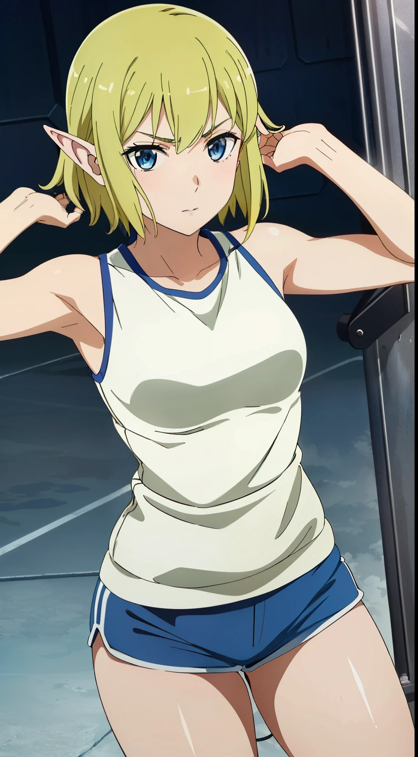masterpiece,highest quality,anime,2D,Detailed face,
1 girl, alone, pointed ears, 緑 hair, goblin, blue eyes, short hair,緑 hair,Tank top,shorts,fitness gym,stylish pose,stylish angle,(lively_color:1.2) (beautiful_medium breasts:1.3), (beautiful_face:1.4),(beautiful_thighs:1.1),