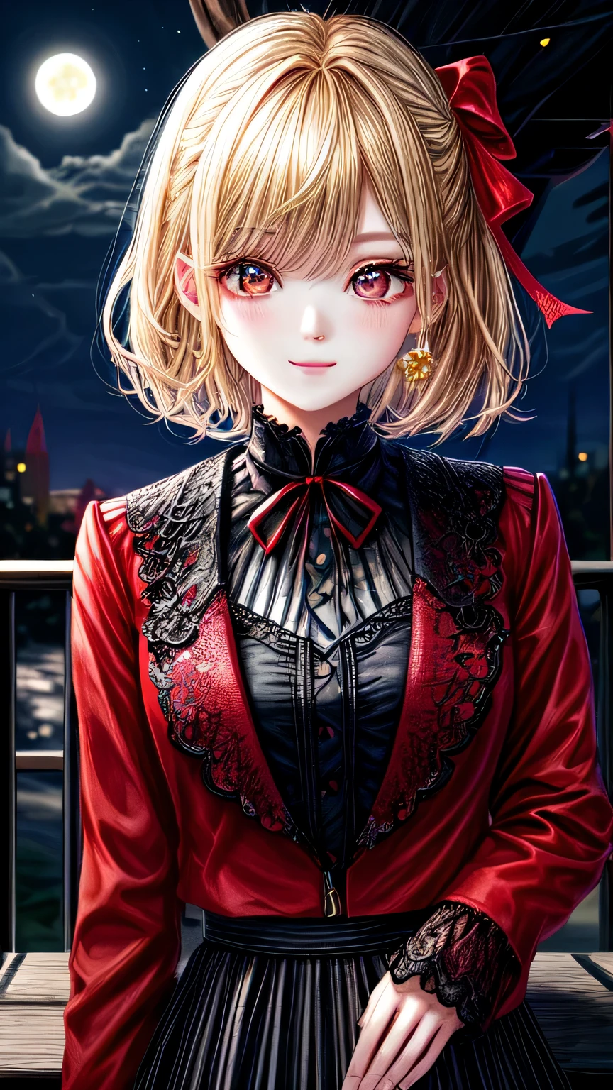 high quality, 最high quality, masterpiece, disorganized, red_Jacket, ribbon, black_eye, blonde_hair, short_hair, hair_ribbon, smile, 1 girl, torn clothes, Cloth,  Dense and beautiful black eyes, beautiful detailed lips, Highly detailed eyes and face, long eyelashes, detailed face, masterpiece, 最high quality, high quality, High resolution, (moonlit night background), Click here for eye line、((()))