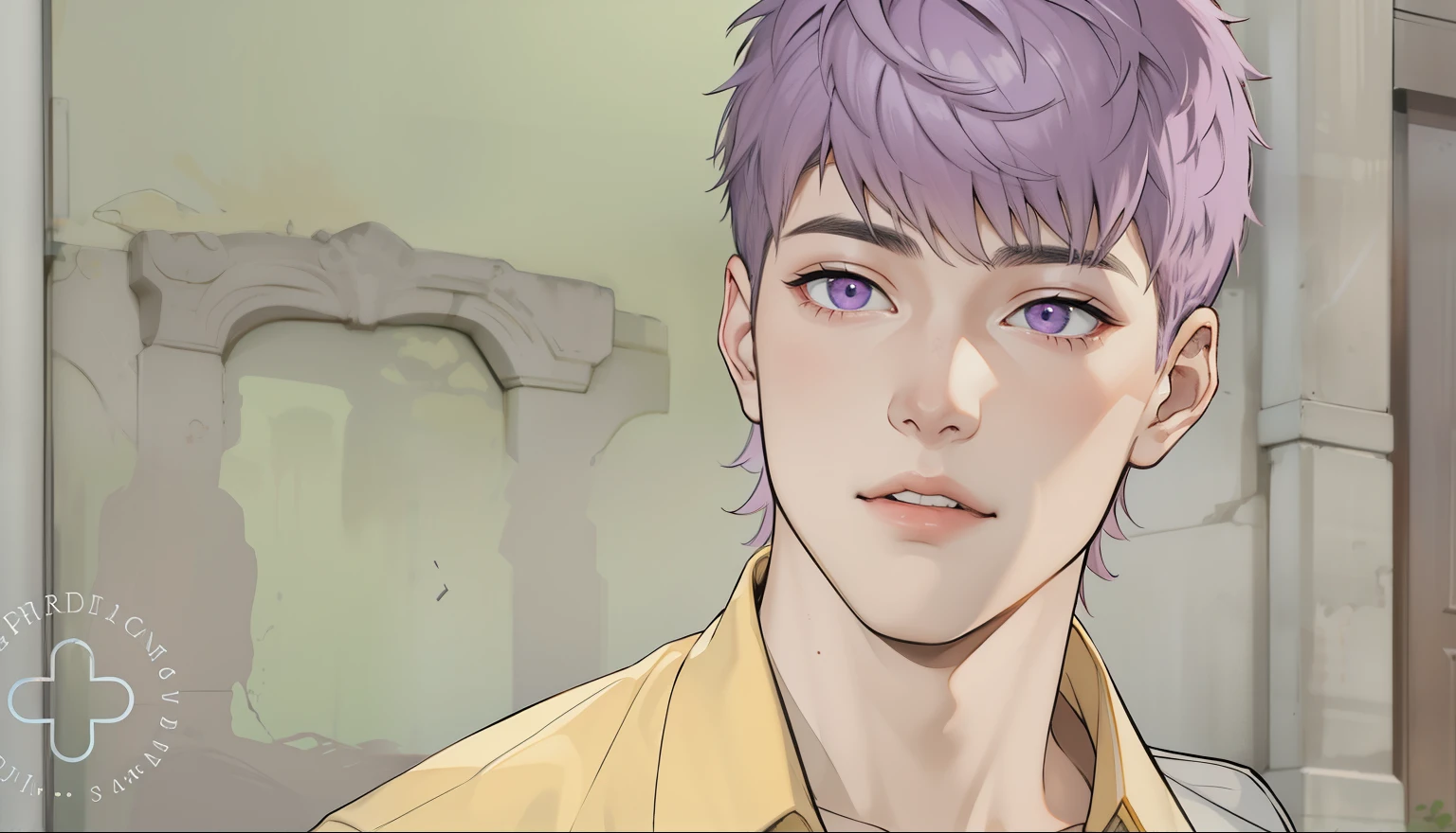 cute 16 year old boy with violet hair violet eyes talks to someone