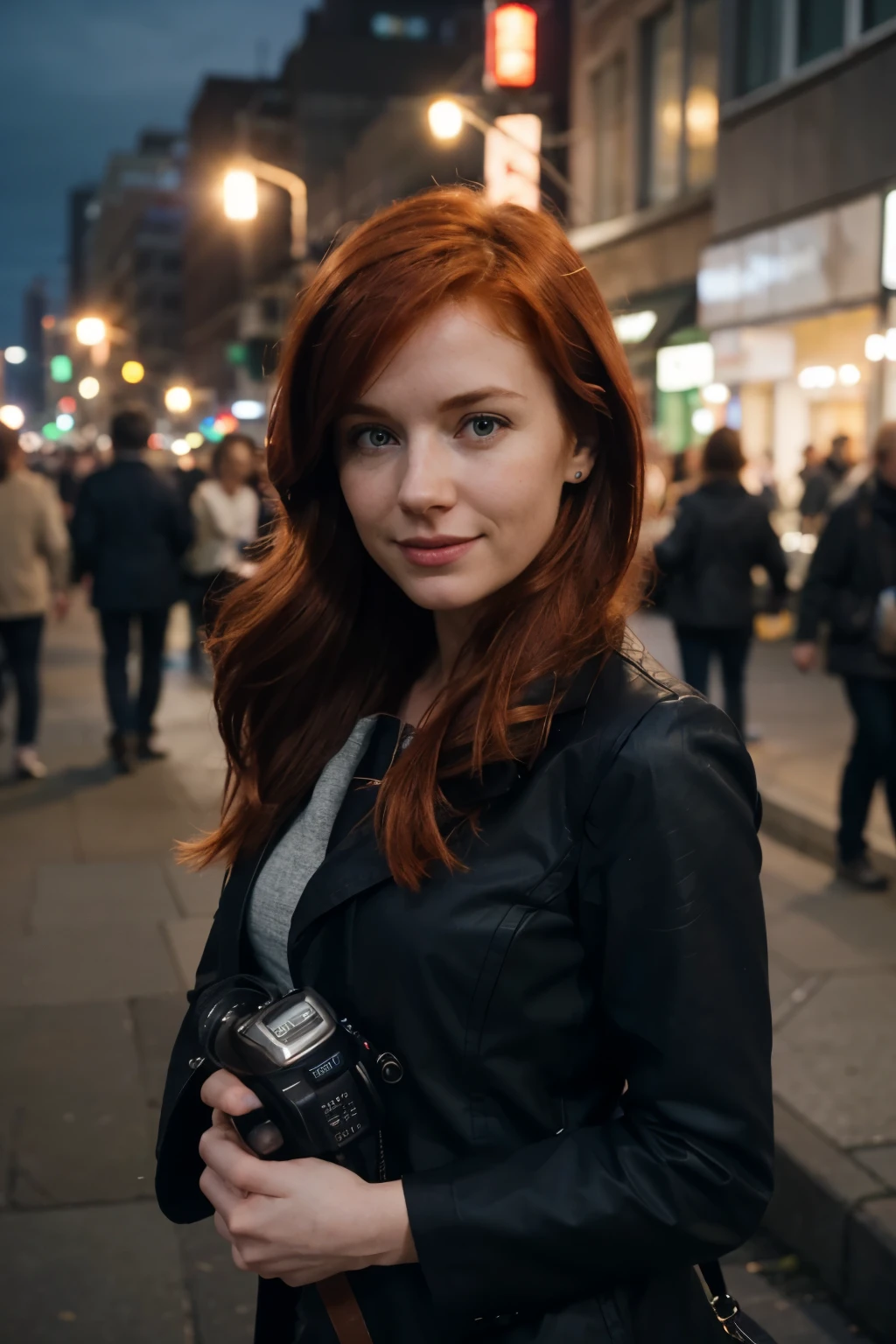A poorly lit night photo of a redhead Irish woman outside in the city at night. aptured with a professional DSLR camera (cinematic 1.2, film grain:1.1)