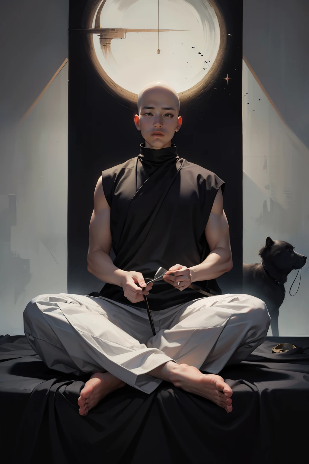 A serene monk sits in meditation within a tranquil landscape painting, rendered in a simplistic yet elegant black and white style, expertly capturing the essence of ink brushwork.