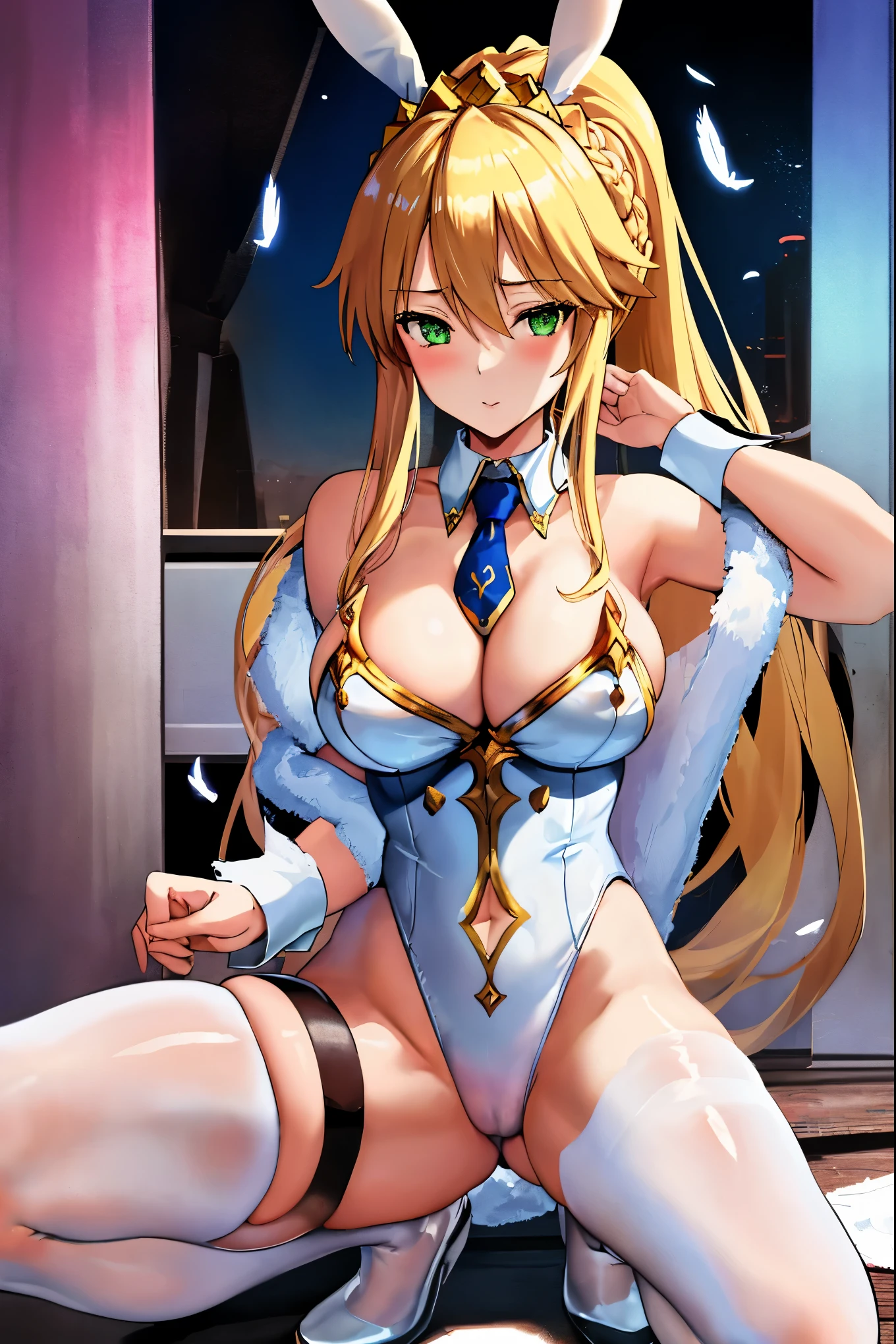 masterpiece, best quality, absurdres, looking at viewer, (light_smile:0.6),
1girl, ahoge, rabbit ears, playboy bunny, artoria pendragon \(swimsuit ruler\) \(fate\), large breasts , blonde hair, green eyes, french braid, pony tail
bare shoulders, large breasts , cleavage,
clothing cut out, wrist cuffs, detached collar, cutout, feather boa,
white leotard, blue necktie, blue pantyhose, single thigh strap, hands_above_head,(squat:1.3),(spread_legs:1.3),rabbit_pose,solo,stretch_fingertips