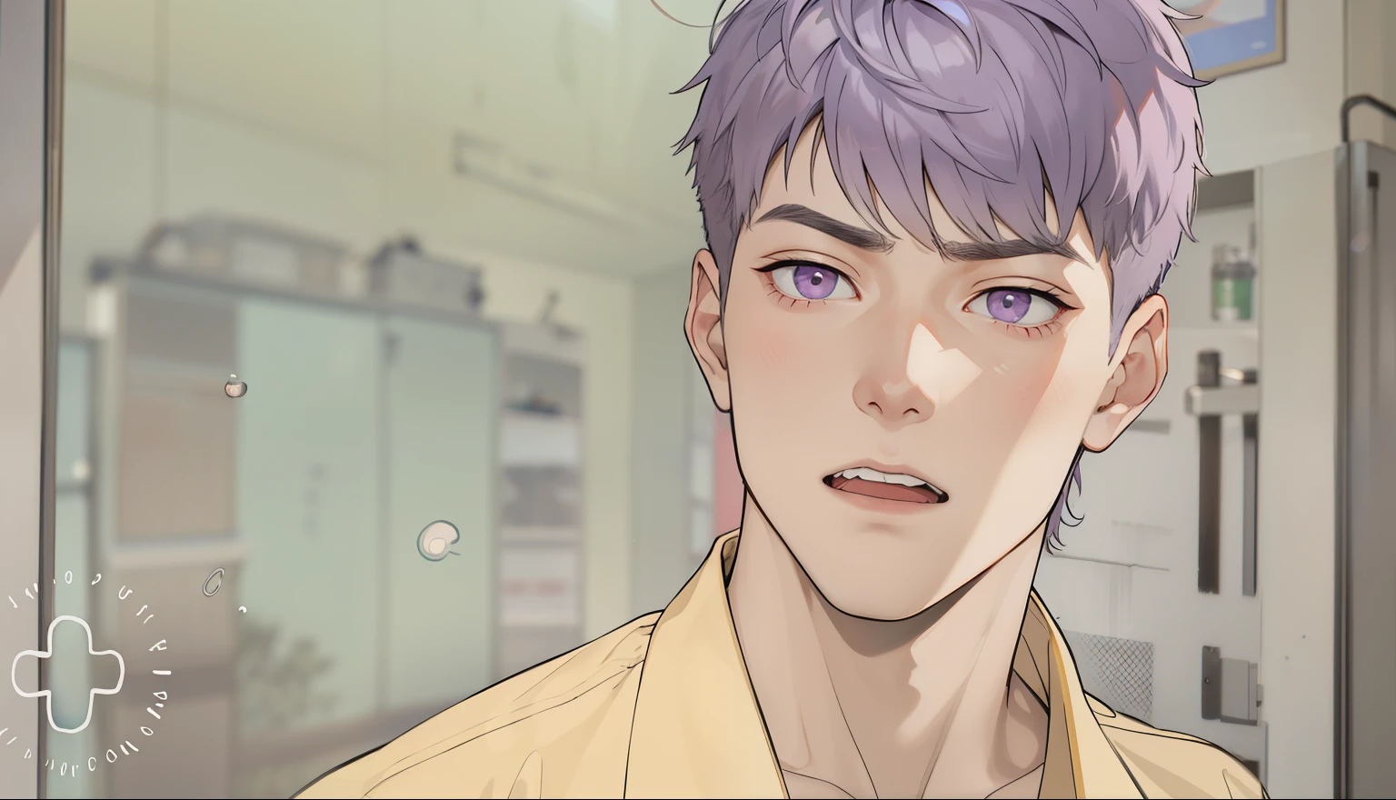 cute boy with violet hair violet eyes talks upset angry to someone