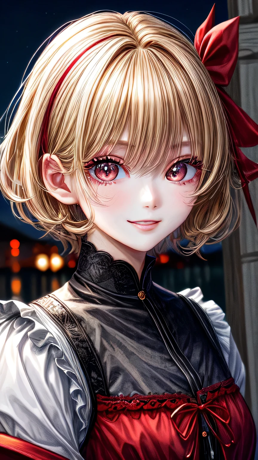 high quality, 最high quality, masterpiece, disorganized, red_Jacket, ribbon, black_eye, blonde_hair, short_hair, hair_ribbon, smile, 1 girl, torn clothes, Cloth, Dense and beautiful black eyes, beautiful detailed lips, Highly detailed eyes and face, long eyelashes, detailed face, masterpiece, 最high quality, high quality, High resolution, (moonlit night background), Click here for eye line、(((close up of face)))