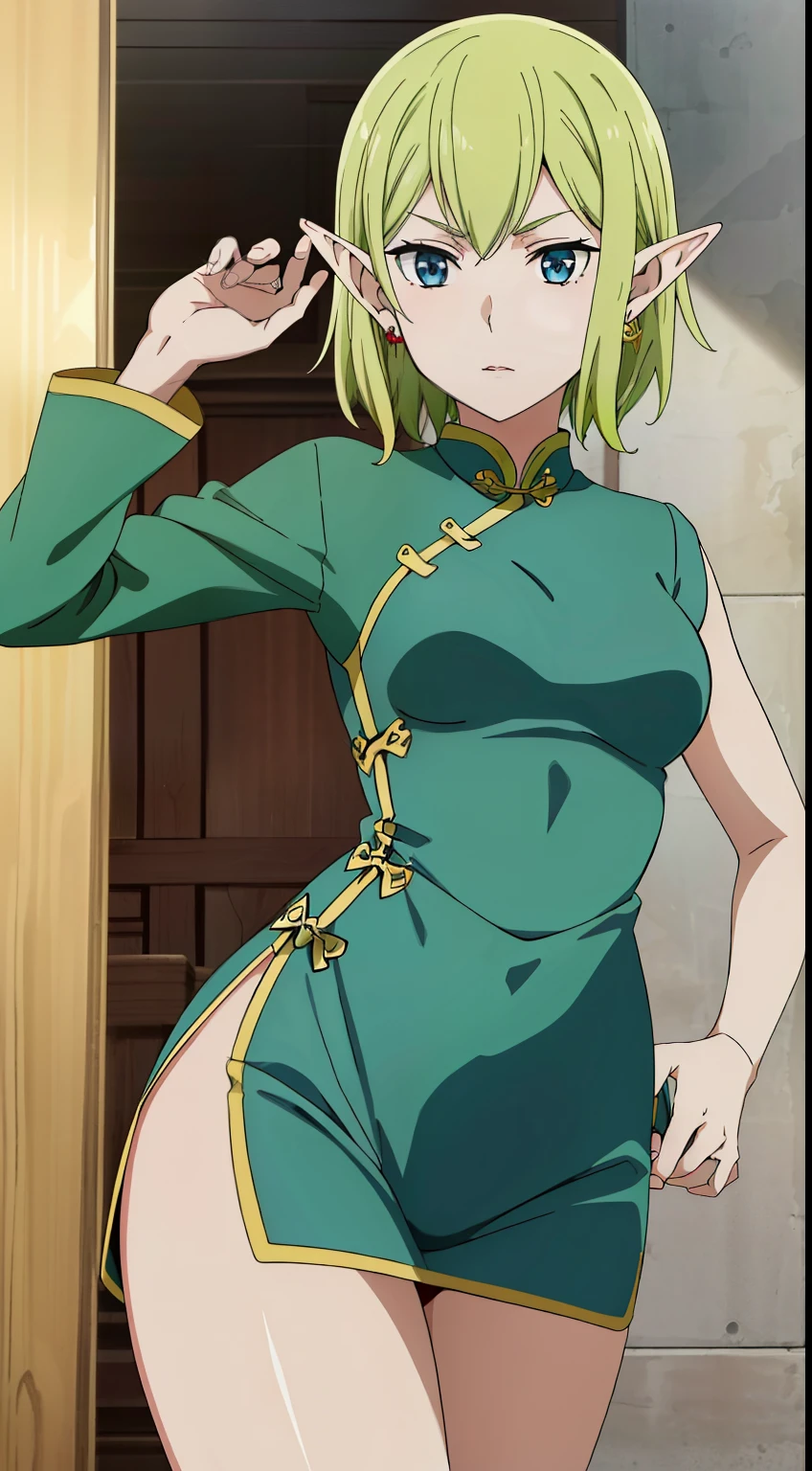 masterpiece,highest quality,anime,2D,Detailed face,
1 girl, alone, pointed ears, 緑 hair, goblin, blue eyes, short hair,緑 hair,Green Cheongsam,earrings,stylish pose,stylish angle,(lively_color:1.2) (beautiful_medium breasts:1.3), (beautiful_face:1.4),(beautiful_thighs:1.1),