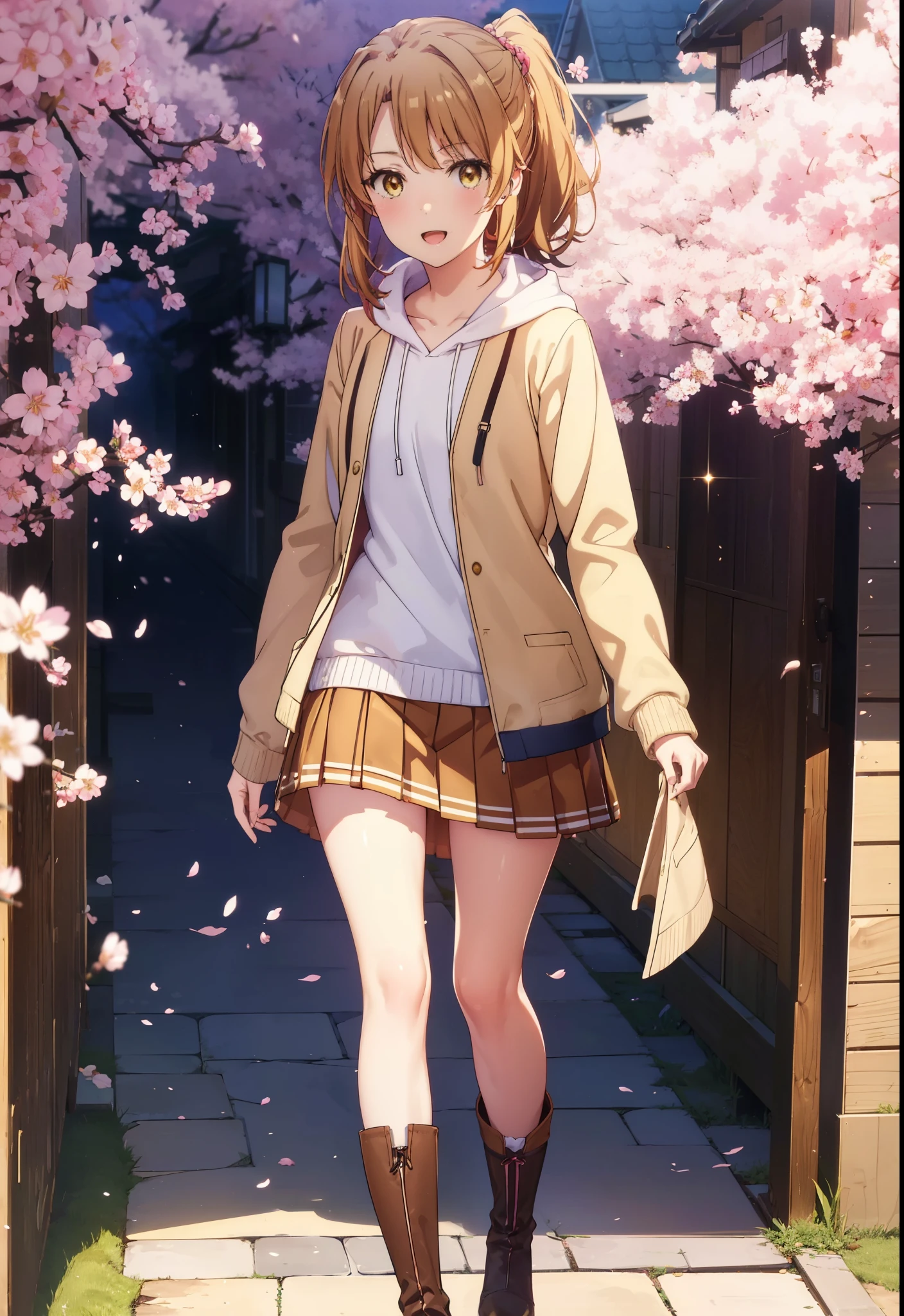 irohaisshiki, iroha isshiki, long hair, brown hair, (brown eyes:1.5), happy smile, smile, open your mouth,short braided hair,ponytail,oversized pink hoodie,Yellow pleated skirt,white stockings,Mini Boots,walking,Cherry blossom tree-lined path,cherry blossoms are blooming,Cherry blossoms are scattered,昼
break outdoors, garden,
break looking at viewer,
break (masterpiece:1.2), highest quality, High resolution, unity 8k wallpaper, (figure:0.8), (detailed and beautiful eyes:1.6), highly detailed face, perfect lighting, Very detailed CG, (perfect hands, perfect anatomy),