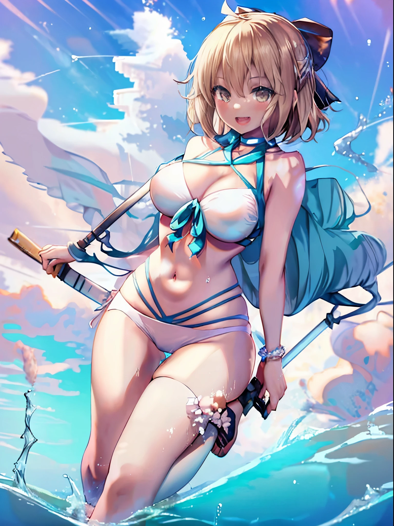 masterpiece,(ultra-detailed),1girl, okita_souji \(fate\), half_eyes,smile,open mouth, swimsuit, white bikini, side-tie bikini bottom,,  thigh strap, wristband,  large_breasts, ocean, splashing,blonde_ponytail,open_legs,cap,happiness,sunlight,sandals