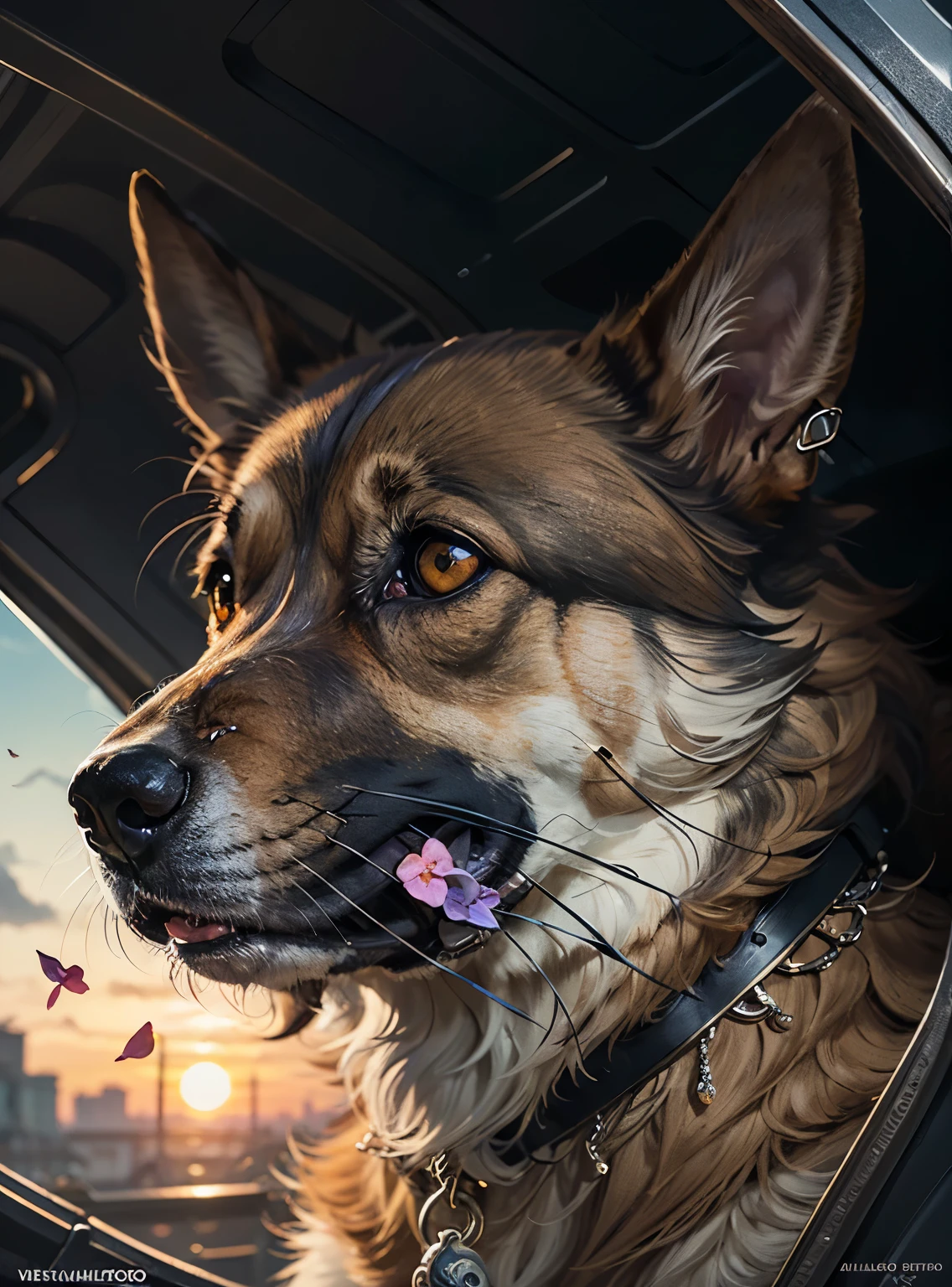 a dog with a flower in its mouth and a sunset behind it, arte vetorial altamente detalhada, GERMAN SHEPHERD, detailed digital illustration, high quality works of art, arte vetorial detalhada, estilo de arte vetorial, arte digital detalhada, highly detailed illustration, in the artistic style of Dan Mumford, in digital illustration style, retrato de alta qualidade, estilo de pastor fairey, highly arte digital detalhada