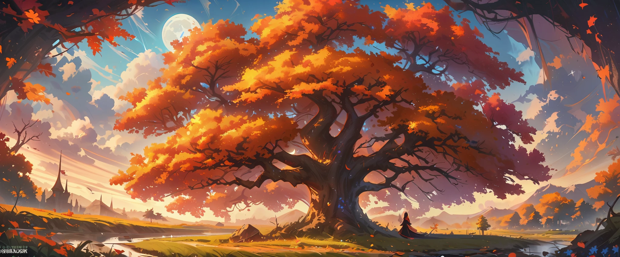 a tree in the middle of a field with a full moon in the background, fantasy tree, a beautiful tree, by Christopher Balaskas, magical tree, cgsociety 4k”, [ trending on cgsociety ]!!, by Jesper Ejsing, gorgeous art, rending on cgsociety, trending on cgsociety art, very beautiful digital art, Watch with an ultra-wide-angle lens