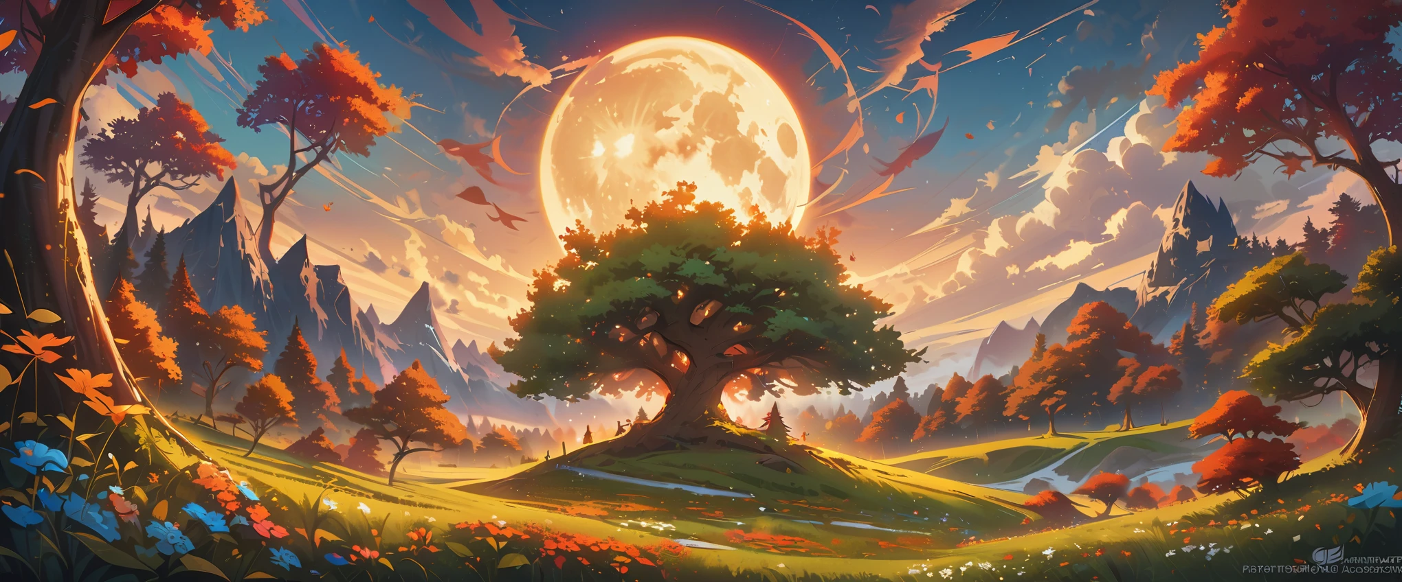 a tree in the middle of a field with a full moon in the background, fantasy tree, a beautiful tree, by Christopher Balaskas, magical tree, cgsociety 4k”, [ trending on cgsociety ]!!, by Jesper Ejsing, gorgeous art, rending on cgsociety, trending on cgsociety art, very beautiful digital art, Watch with an ultra-wide-angle lens