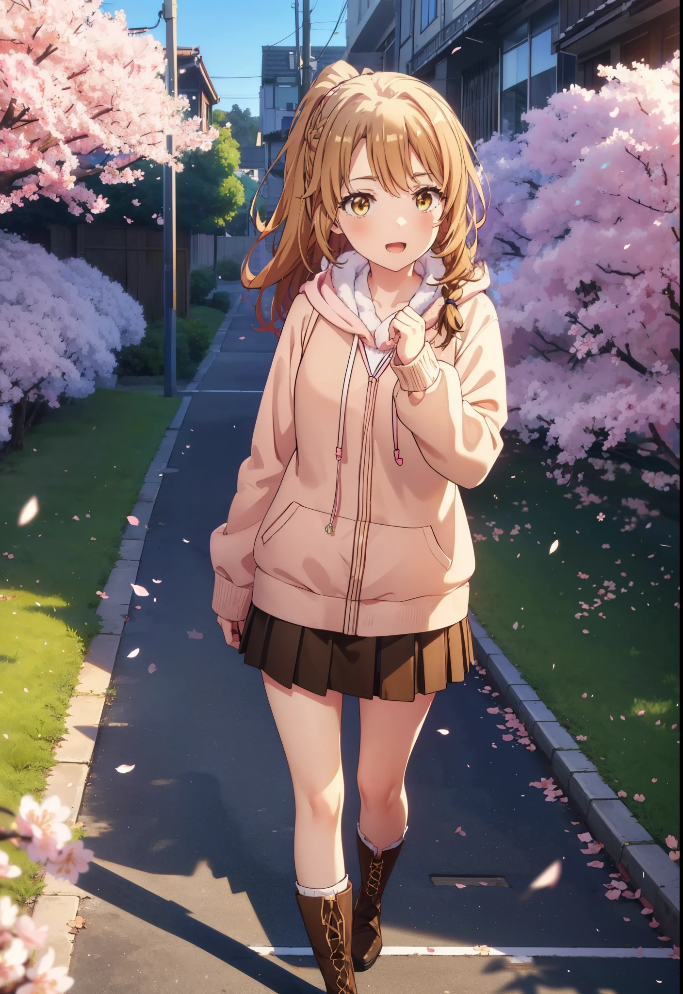 irohaisshiki, iroha isshiki, long hair, brown hair, (brown eyes:1.5), happy smile, smile, open your mouth,short braided hair,ponytail,oversized pink hoodie,Yellow pleated skirt,white stockings,Mini Boots,walking,Cherry blossom tree-lined path,cherry blossoms are blooming,Cherry blossoms are scattered,昼
break outdoors, garden,
break looking at viewer,
break (masterpiece:1.2), highest quality, High resolution, unity 8k wallpaper, (figure:0.8), (detailed and beautiful eyes:1.6), highly detailed face, perfect lighting, Very detailed CG, (perfect hands, perfect anatomy),