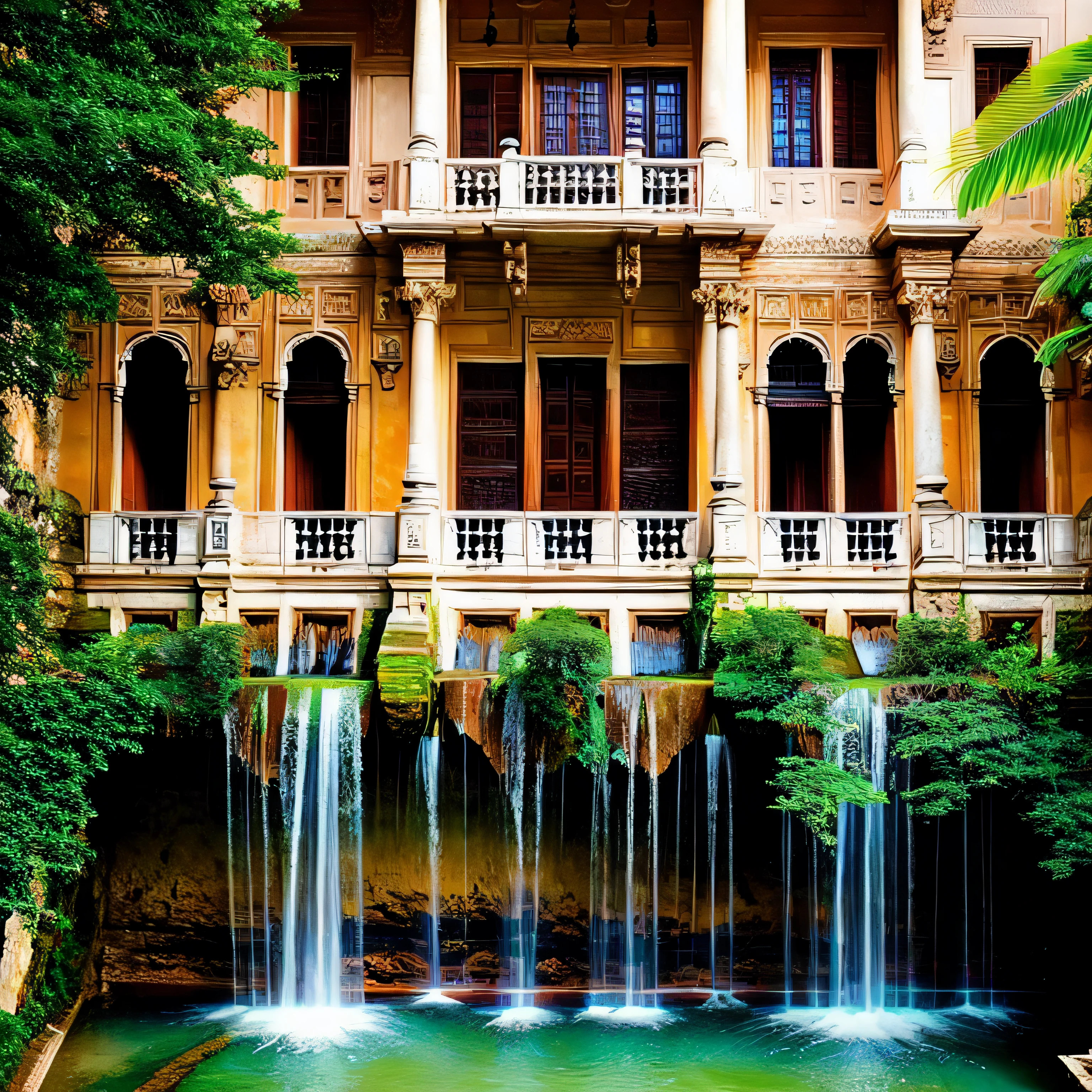 A palace with cascading waterfalls flowing from its balconies, creating a mesmerizing display of nature and architecture.