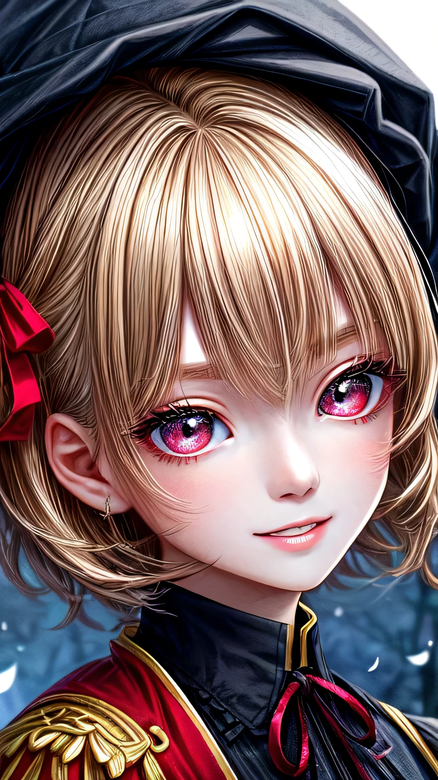 high quality, 最high quality, masterpiece, disorganized, red_Jacket, ribbon, black_eye, blonde_hair, short_hair, hair_ribbon, smile, 1 girl, torn clothes, Cloth,  Dense and beautiful black eyes, beautiful detailed lips, Highly detailed eyes and face, long eyelashes, detailed face, masterpiece, 最high quality, high quality, High resolution, (moonlit night background), Click here for eye line、(((close up of face)))