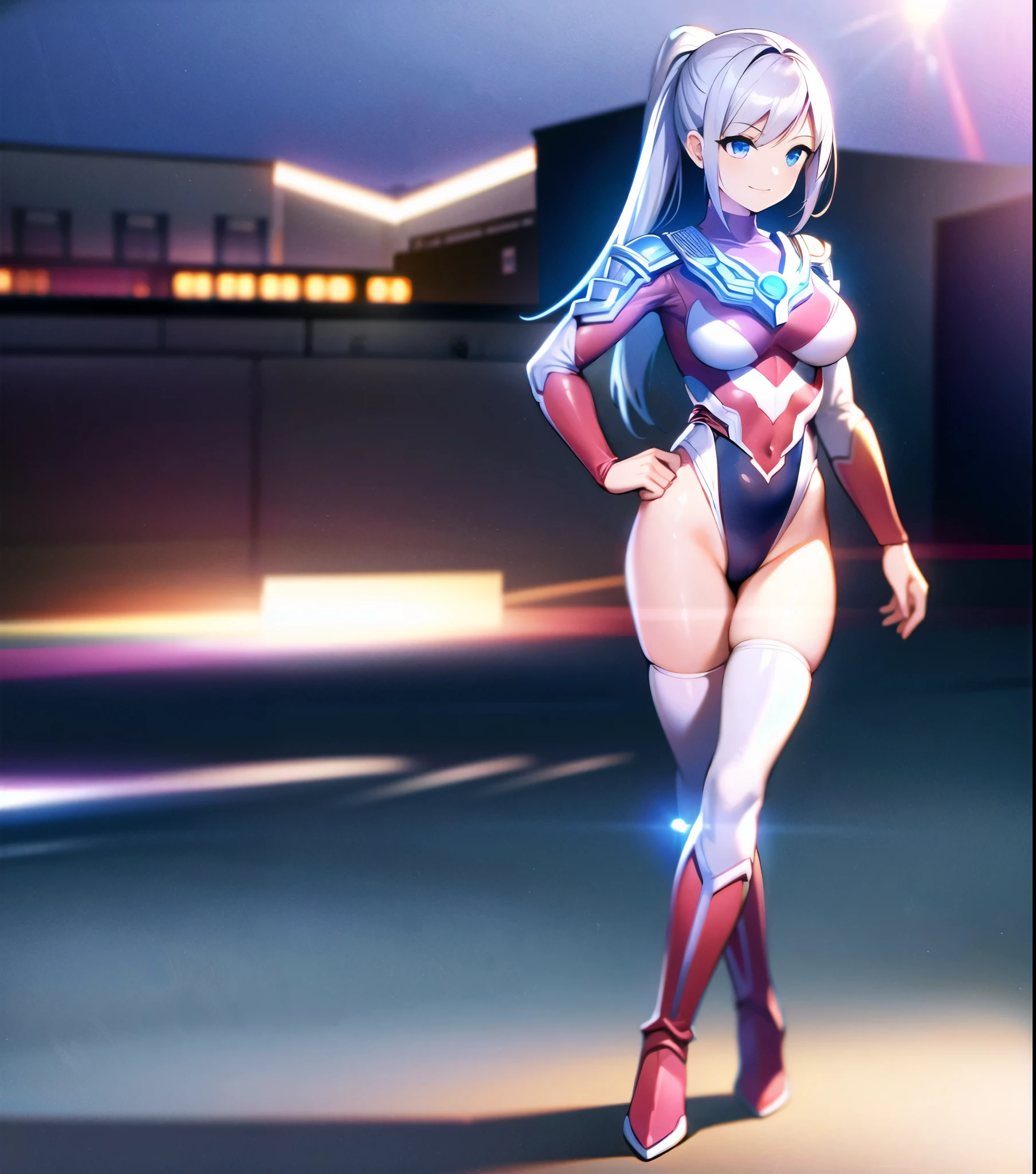 extremely detailed CG unreal engine 8k, best quality, (detailed fingers, detailed hands, detailed face), all intricate, 1girl, beautiful detailed girl, (ultragirl :1.0), ultraman bodysuit, leotard, bare legs, knee boots, full body, smile, thumbs up, stylish posing, hand on hip, standing, detailed buildings behind, outside