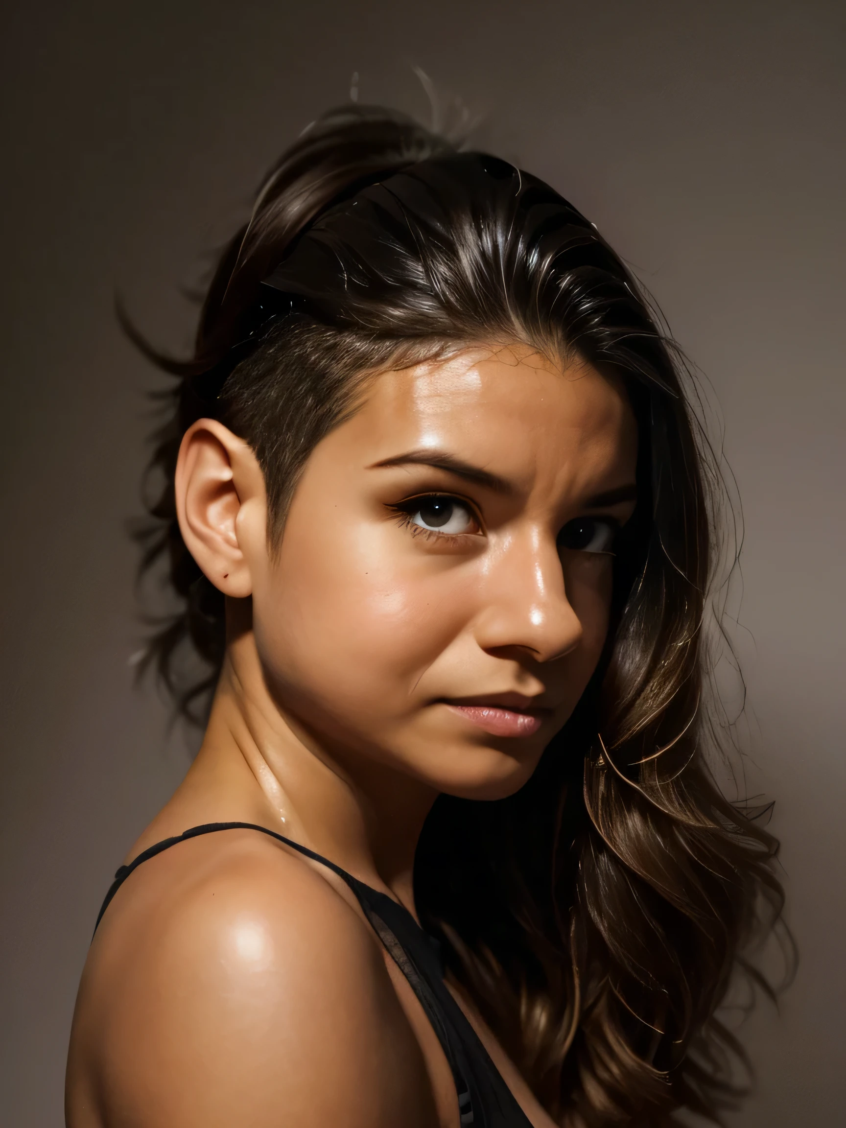 face detail, 1girl, solo, side view, grey background, upper body, side-swept bangs, black hair, messy mid ponytail, brown eyes, thick eyebrows, perfect lighting, bloom, cinematic lighting, view from side, portrait, 35mm, anatomically correct, ((no background, clean background))