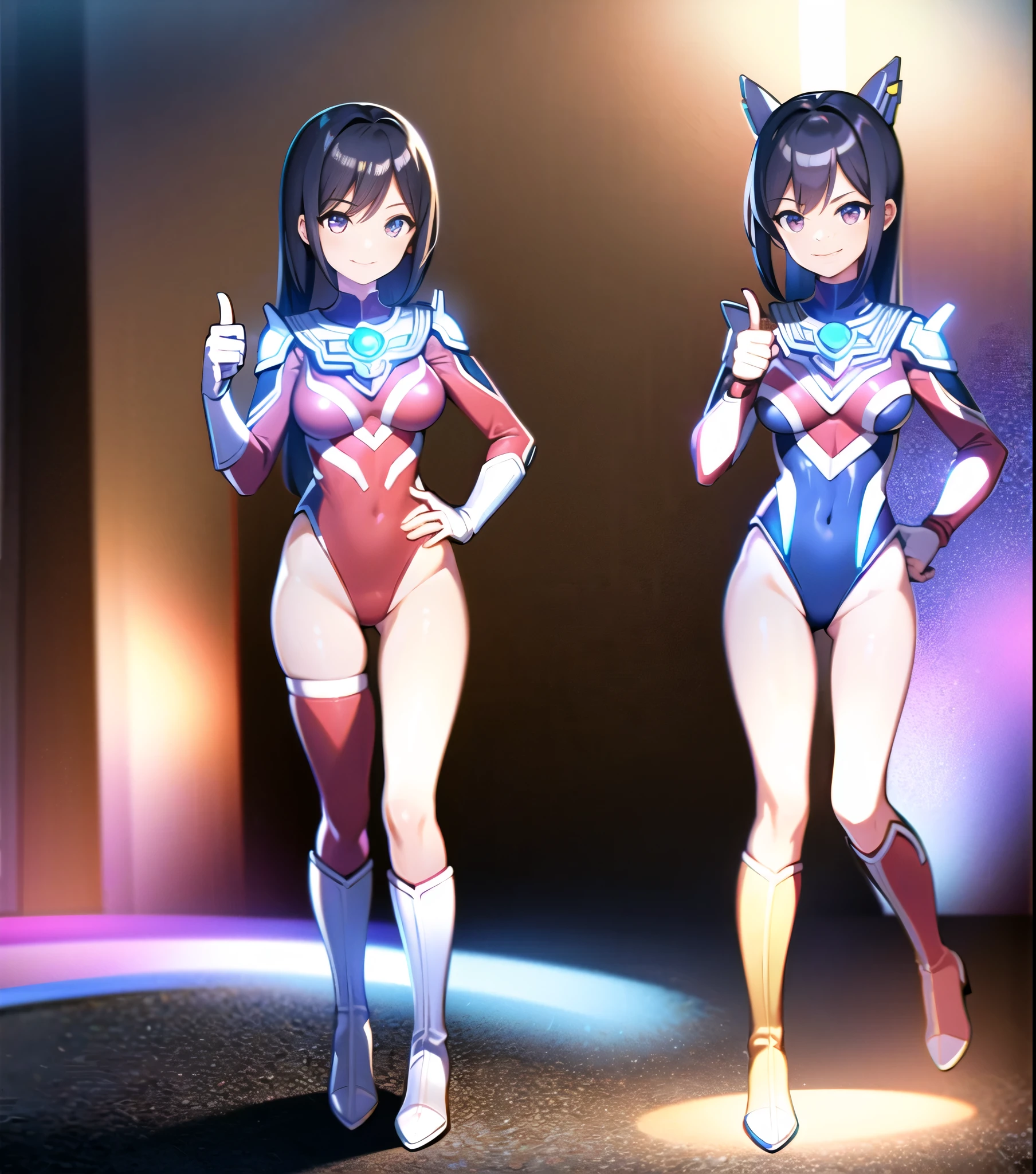 extremely detailed CG unreal engine 8k, best quality, (detailed fingers, detailed hands, detailed face), all intricate, 1girl, beautiful detailed girl, (ultragirl :1.0), ultraman bodysuit, leotard, bare legs, knee boots, full body, smile, thumbs up, stylish posing, hand on hip, standing, detailed buildings behind, outside