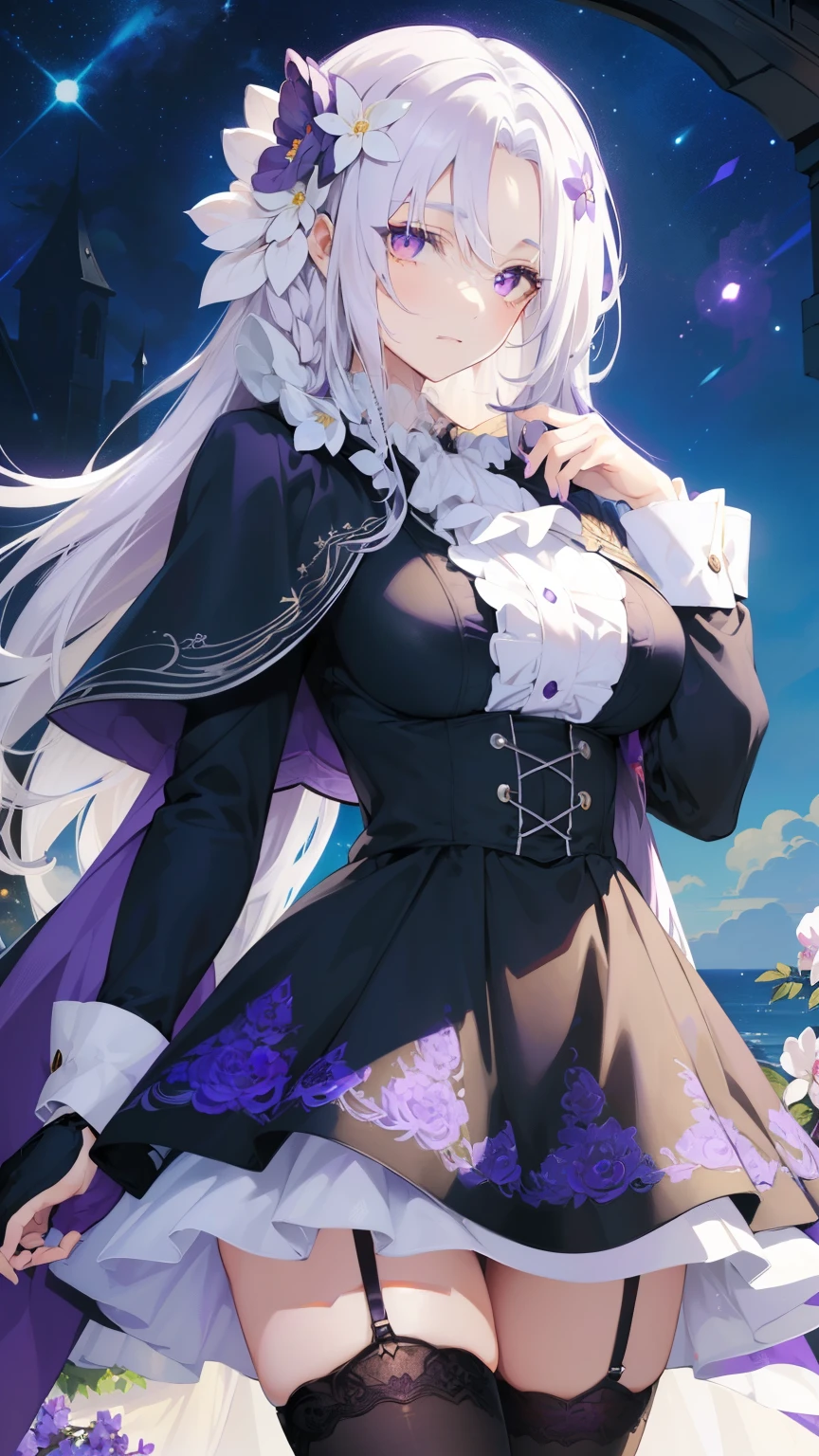 (best quality:1.3), (masterpiece:1.3), (illustration:1.3), (ultra-detailed:1.3), 1girl, (((large breasts))), ((((purple eyes))), (((white hair))), hair ornaments, tall, mature, long hair, upper body, black suit, ascot, cloak, long sleeves, skirt, dressaug, hair between eyes, purple flowers, looking at viewer, hair ornament, night sky, glowing purple flowers, french braids, nice hands, perfect hands, garter straps, stockings,