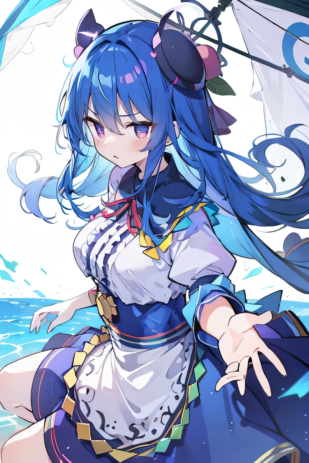 (masterpiece),best quality, expressive eyes, perfect face, 1girl,
hands on waist,beautiful, gorgeous,anime,girl,lora,hinanawi tenshi, blue hair, blue haired, floating clothes,waist grab, grabbing waist, mains sur les hanches , hands on hips,flat chest