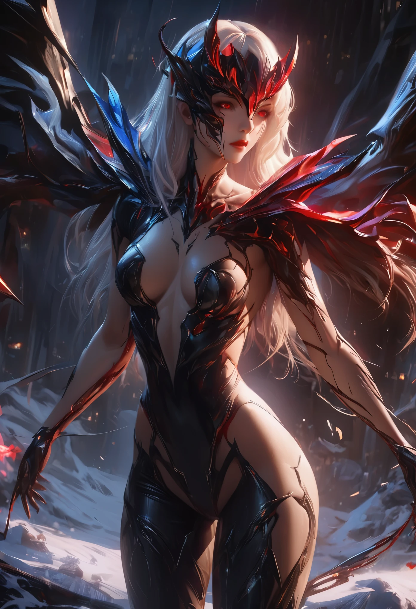 black,chiaroscuro, Ray tracing, movie lighting, cowboy shooting, 8K, Yes, Super details, precise, best quality, Award-winning, Award-winning, A High resolution, masterpiece, high detail,guweiz on artstation pixiv, Popular topics on artstation pixiv, 详细的number概念艺术, author:Yang Jie, 2. 5D CGI anime fantasy artwork,ultra high definition,8K ,Realistic skin texture,chiaroscuro, Ray tracing, movie lighting, 8K, Yes, Super details, precise, best quality, Award-winning, Award-winning, A High resolution, masterpiece, high detail,in the snow,Clear,masterpiece, best quality, 8K, number, 1 girl, alone, stand up, hair accessories, Red eyes, Heartless expression, Bloodstained mechanical parts, electric wire, cable, failure effect, scary, Science fiction, futuristic, The background is darker inside, neon lights, cyberpunk characters, surreal, Strange, Disturbing, spine-chilling, scary, western metal,Red eyes,发black,black色長手套,Rompers,leggings,Highlight her graceful figure,将整个身体包裹stand up,symbiont,((Raised sexy)),One-piece Pants,Red eyes,Venom Possession,发black,black色長手套,Rompers,black色一件,Blood-red eyes,best quality, High resolution, super detailed, Vivid texture, mask, Bangs,wear socks,tears,被black色粘液覆盖