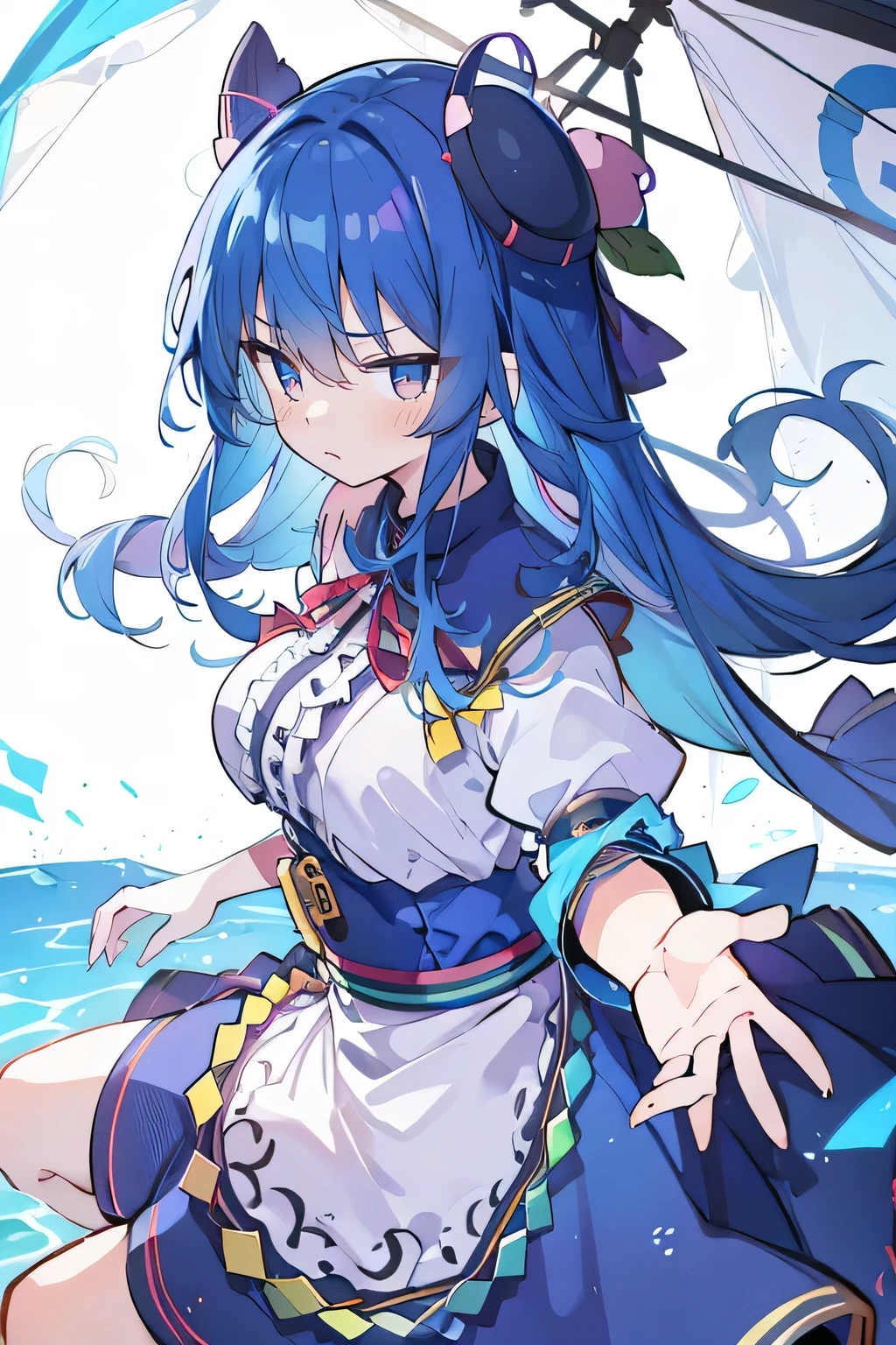 (masterpiece),best quality, expressive eyes, perfect face, 1girl,
 hands on waist,beautiful, gorgeous,anime,girl,lora,hinanawi tenshi, blue hair, blue haired, floating clothes,waist grab, grabbing waist, mains sur les hanches , hands on hips,flat chest