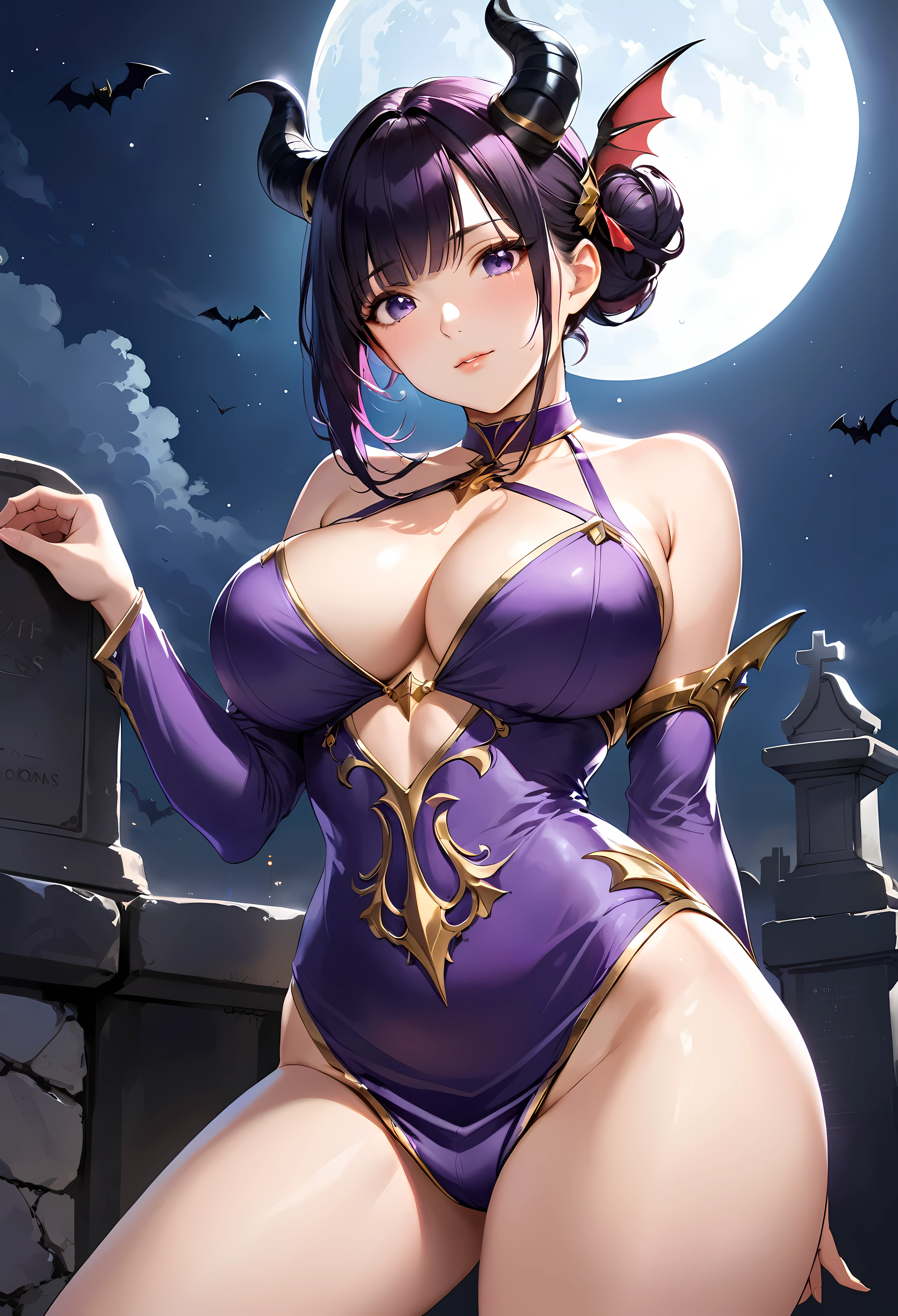 (masutepiece, Best Quality, High resolution:1.3), solo, alone, milf, cowboy shot, Description Girls, detail hands, Detail fingers, Detail Face, cute face, detail legs, overdetailed art, Fine details, (large breasts, wide hips, sexy), (black hair), hair bun, hair ornament, (purple short dress:1.2),(purple eyes), bare shoulders, jewelry, collarbone, detached sleeves, choker, purple dress, skimpy, twisted horns, (black horns:1.2),(Horns on the sides of the head), sexy, (crying mole), (graveyard), (night , dark, moon) , pink tattoo , bat ,