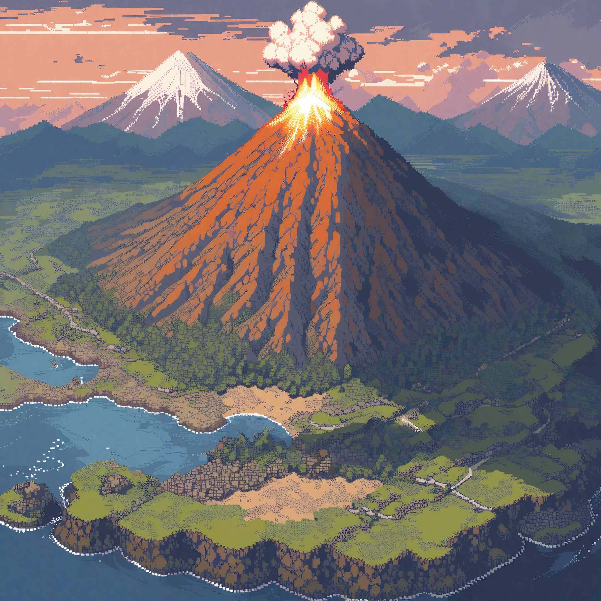 (masterpiece, best quality:1.2), pixel art,landspace,volcano