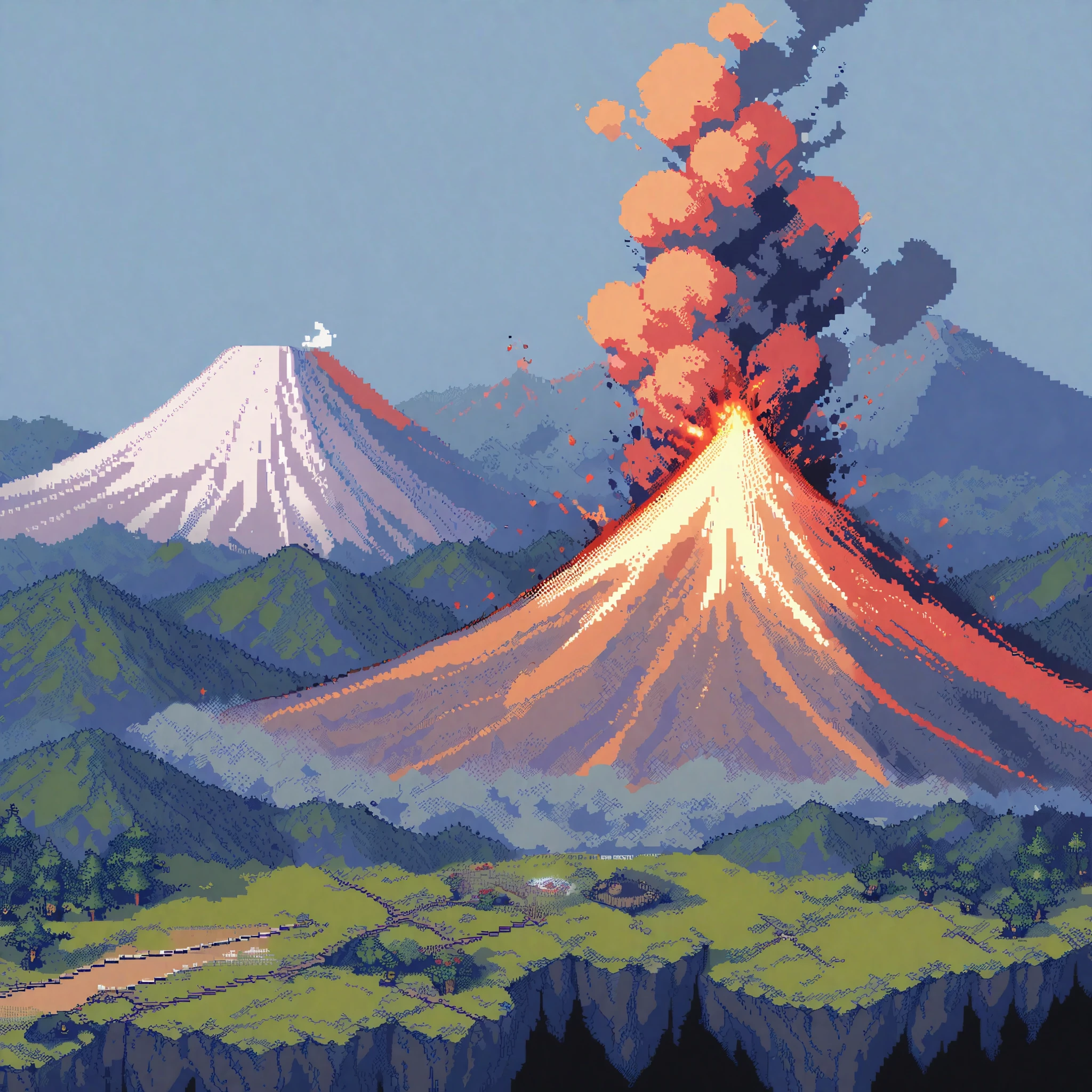 (masterpiece, best quality:1.2), pixel art,landspace,volcano