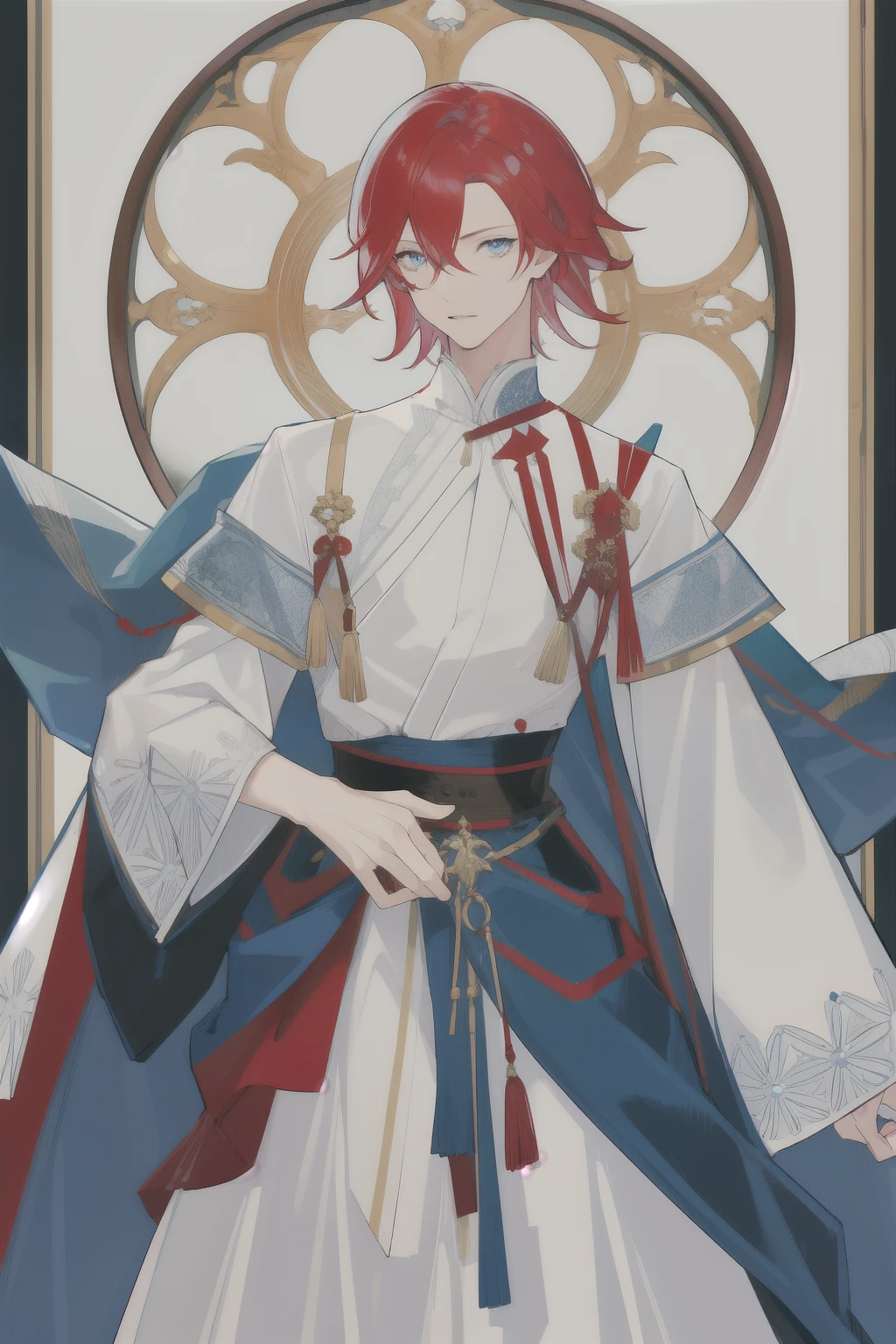 (best quality,absurdres:1.2,highres), detailed, high quality, 1 male, short hair, shoulder length hair, blue eyes, red hair, white clothes, patterns on clothes, very detailed design, a lot of details, fantasy design, static pose