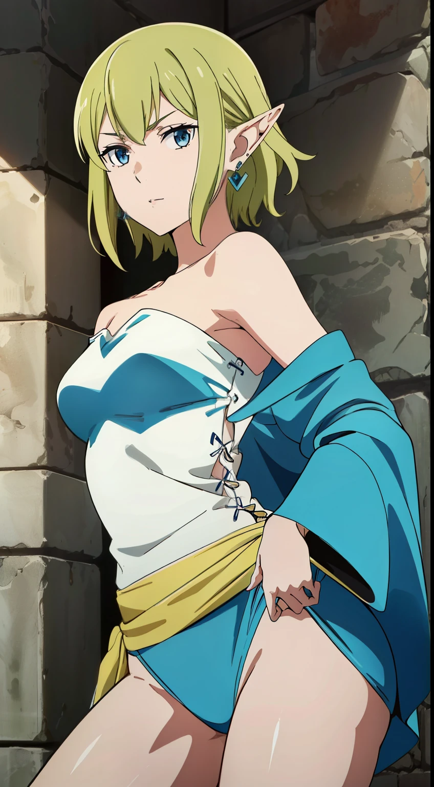 masterpiece,highest quality,anime,2D,Detailed face,
1 girl, alone, pointed ears, 緑 hair, goblin, blue eyes, short hair,緑 hair,off shoulder,笑face,earrings,stylish pose,stylish angle,(lively_color:1.2) (beautiful_medium breasts:1.3), (beautiful_face:1.4),(beautiful_thighs:1.1),