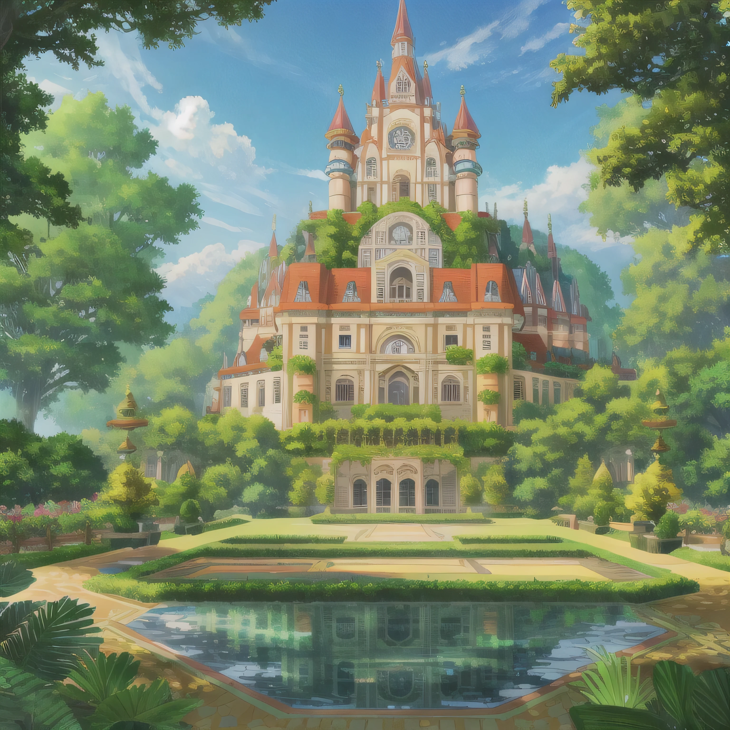 A palace emerging from the depths of a lush jungle, its vibrant colors harmonizing with the foliage.