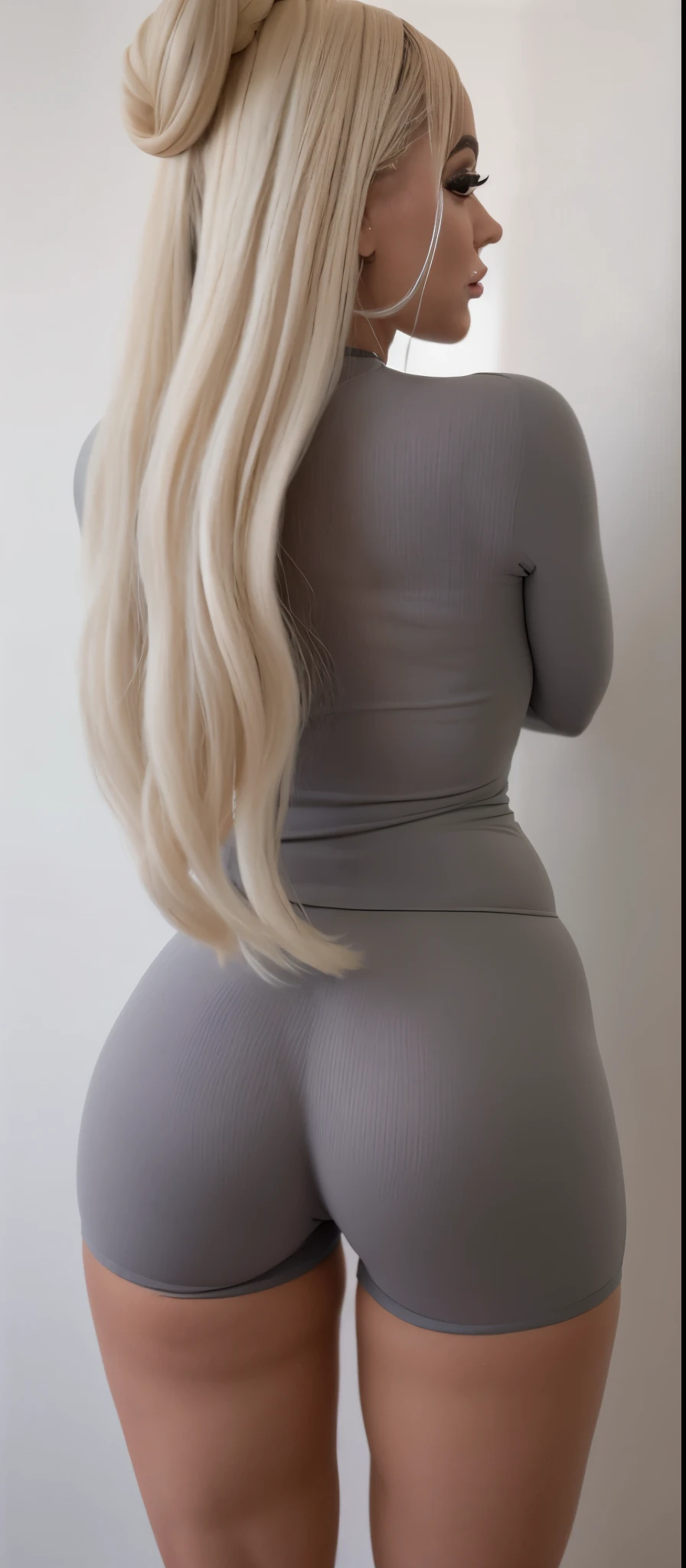 um close de uma mulher com uma roupa curta cinza, grosso, grande saque, curvy accentuated booty, traseiro bem torneado, grupo, traseiro tonificado, espesso, absurdly long loiro hair, smooth, curvy shape, espesso thigs, curvando-se, loiro, Nicki Minaj cheio de curvas, shapely traseiro tonificado, ava max