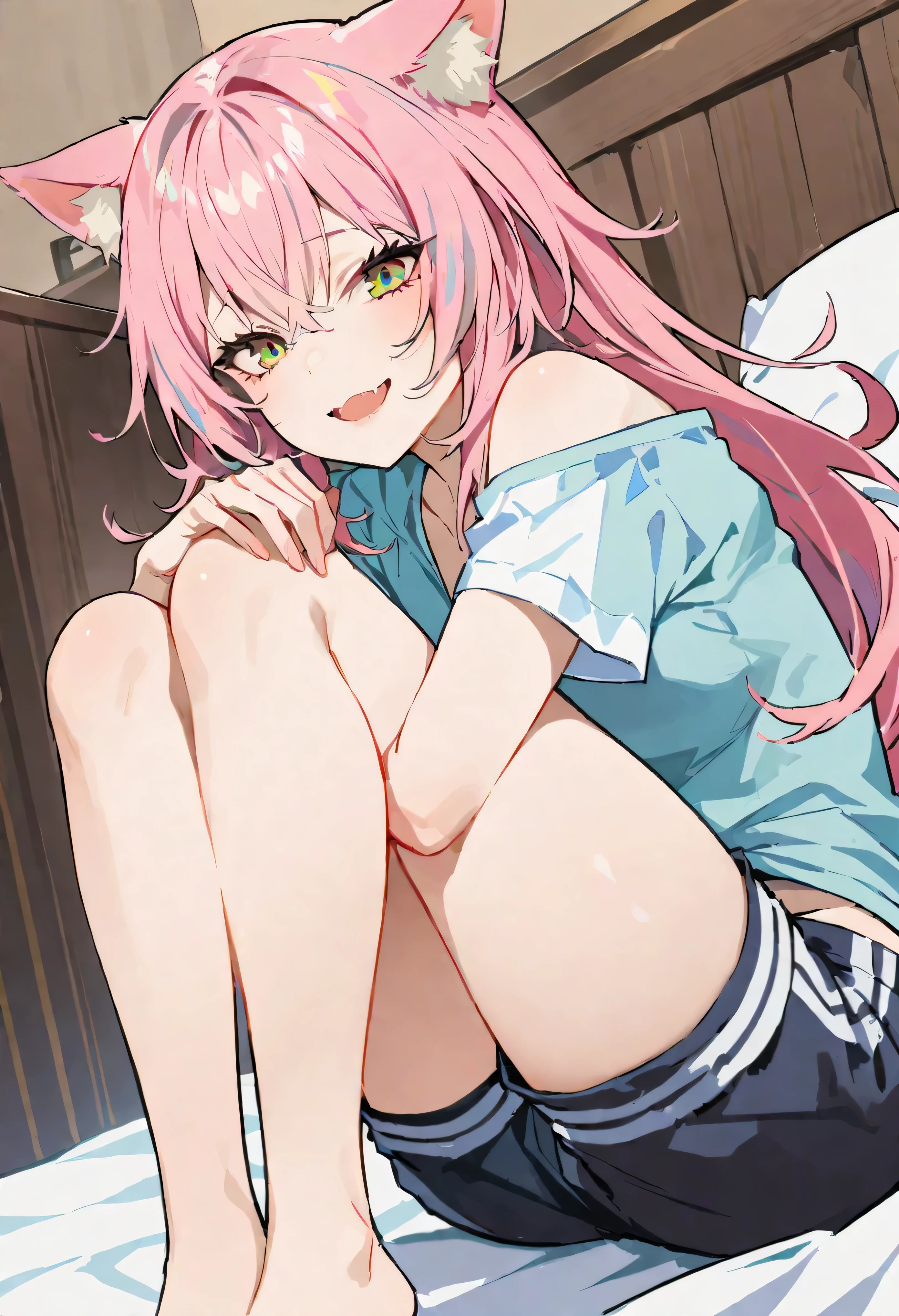((masterpiece, highest quality)), Cat ear, shorts, room relaxing, sitting