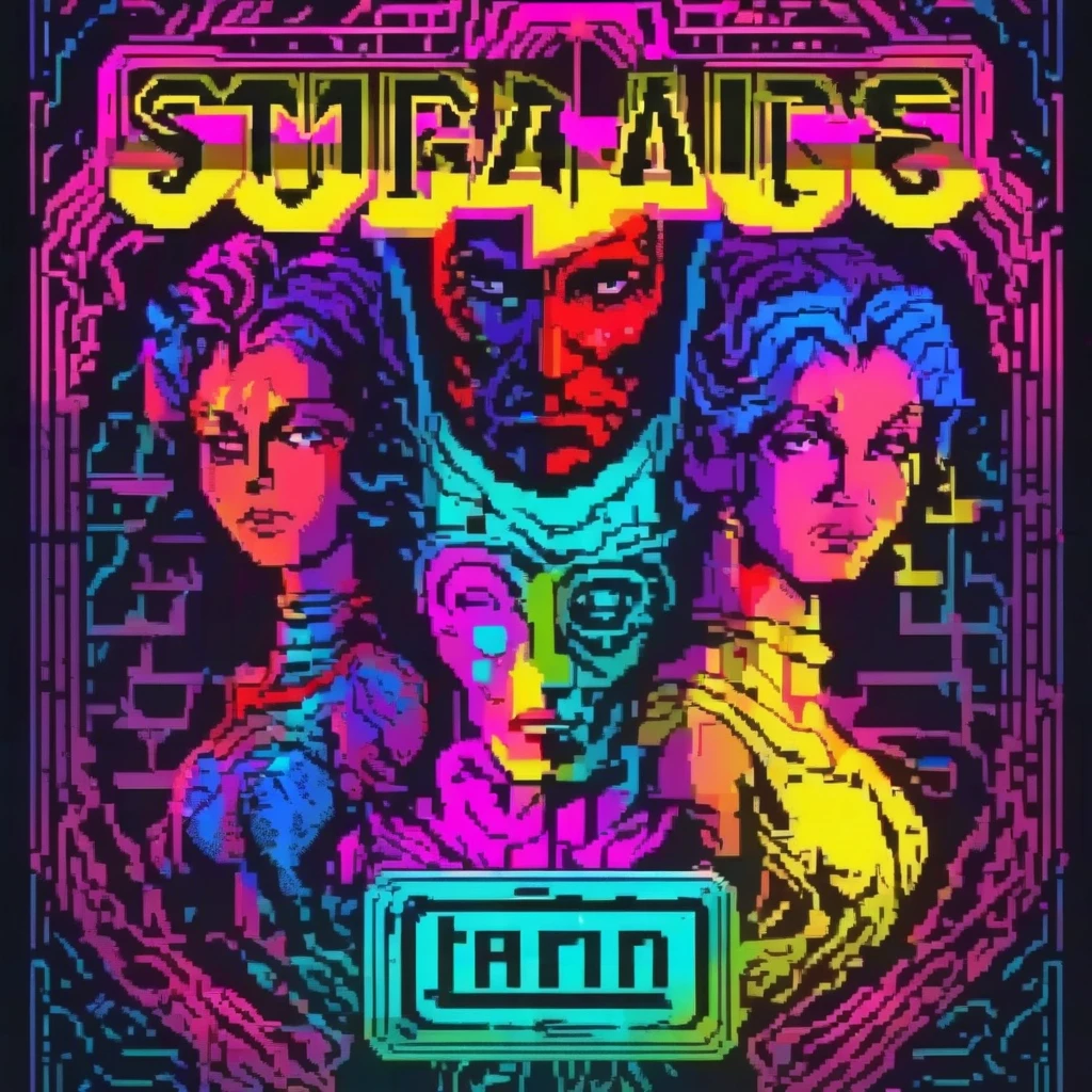 zxspectrum syle, retro game cover art, full body portrait, symmetrical shoulders, symmetrical face, beautiful, elegant, volumetric lighting, subsurface scattering, ray tracing, vivid colors, trending on artstation, by jordan grimmer, art greg rutkowski