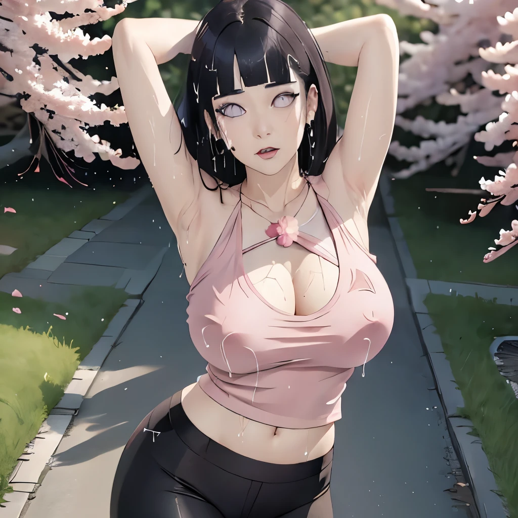masterpiece, absurdres,hinata\(boruto\), 1girl, solo,mature female, (topless), spaghetti strap top,open tank top, yoga pants, looking at viewer, (falling petals), perfect composition, detailed lips, (big breast, huge breast ), beautiful face, body propotion, blush, (pink lips), soft gaze, super realistic, detailed, photoshoot, realistic face and body, (nsfw:1.3), wet cum:1.2,( close shot:1.2, close), ahegao, (Blunt bangs) armpit
