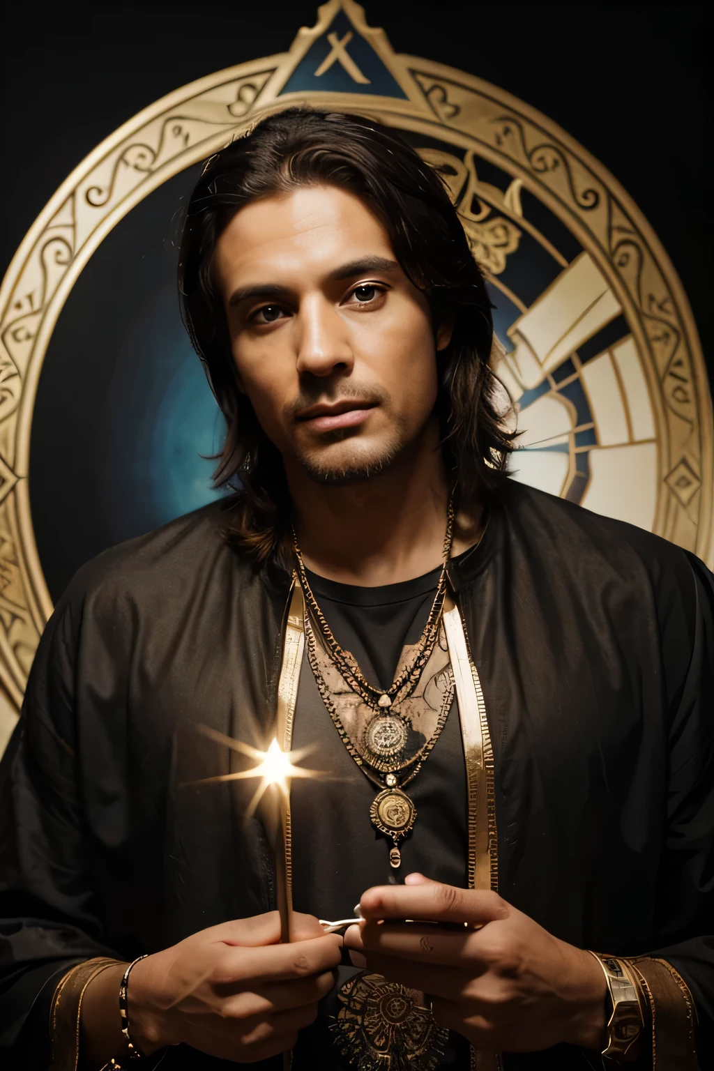 "Create a hyper-realistic image of a tarot man, capturing the essence and depth of your wisdom. A textura da pele deve ser perfeita, os olhos profundos e expressivos, e os cabelos detalhados e realistas. Convey the aura of mystery and knowledge that a tarot reader possesses, creating an image that inspires confidence and fascination."


