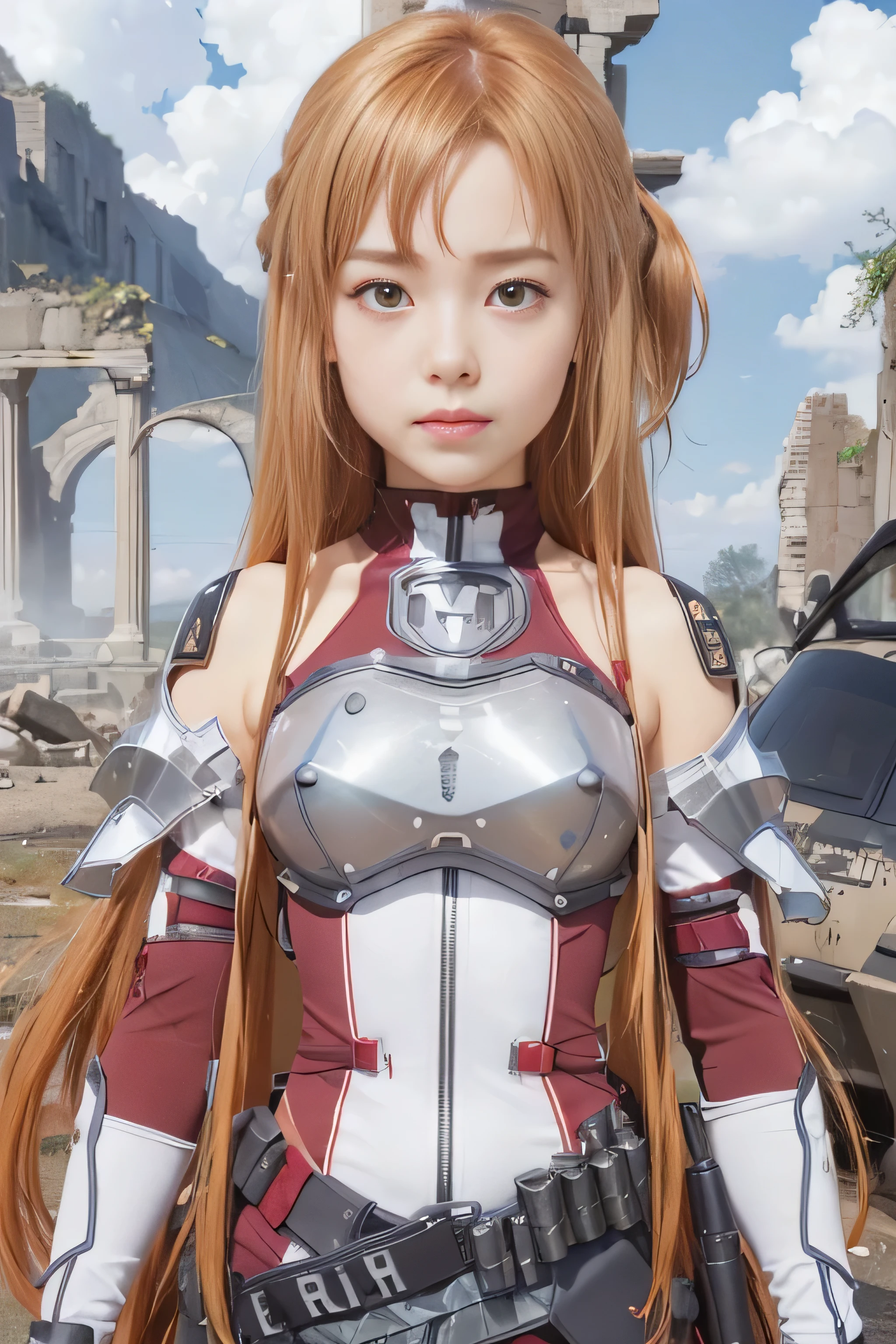 Realistic,masterpiece, best quality, (realistic,photo-realistic:1.4), (RAW photo:1.2),extremely detailed CG unity 8k wallpaper, delicate and beautiful, amazing,finely detail, official art, absurdres, incredibly absurdres, huge filesize, ultra-detailed,extremely detailed eyes and face, light on face,asuna yuuki ,(little smile:1.2),(caramel hair:1.3)long hair,(wearing armored tactical suit:1.4),(caramel eyes:1.5),(ruins background:1.5),(ammo belt:1.5)