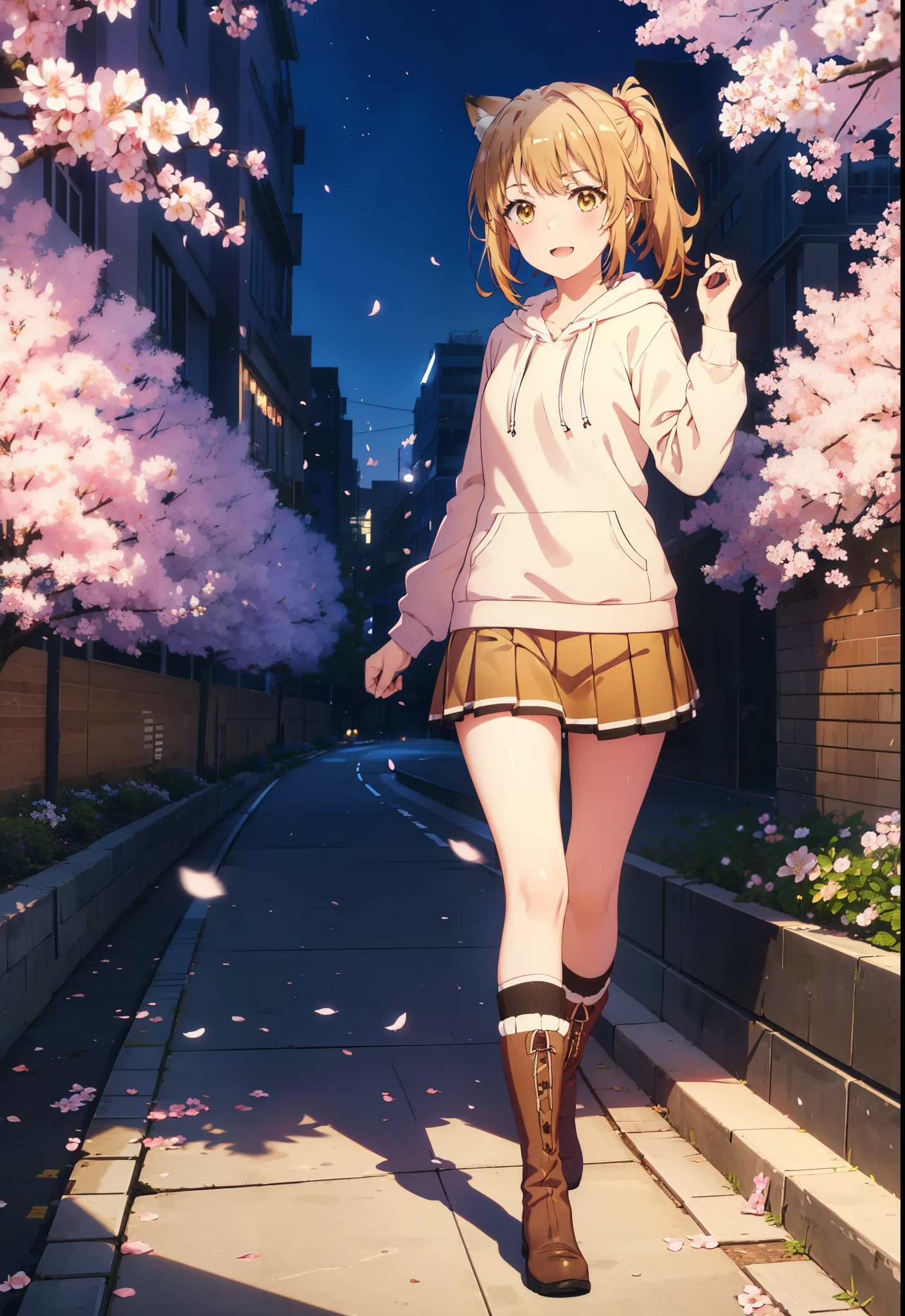 irohaisshiki, iroha isshiki, long hair, brown hair, (brown eyes:1.5), happy smile, smile, open your mouth,short braided hair,ponytail,animal ears　fox ears,animal tail　Fox tail oversized pink hoodie,Yellow pleated skirt,white knee socks,Mini Boots,walking,Cherry blossom tree-lined path,cherry blossoms are blooming,Cherry blossoms are scattered,昼
break outdoors, garden,
break looking at viewer, (cowboy shot:1. 5)
break (masterpiece:1.2), highest quality, High resolution, unity 8k wallpaper, (figure:0.8), (beautiful deしっぽed eyes:1.6), extremely deしっぽed face, perfect lighting, extremely deしっぽed CG, (perfect hands, perfect anatomy),