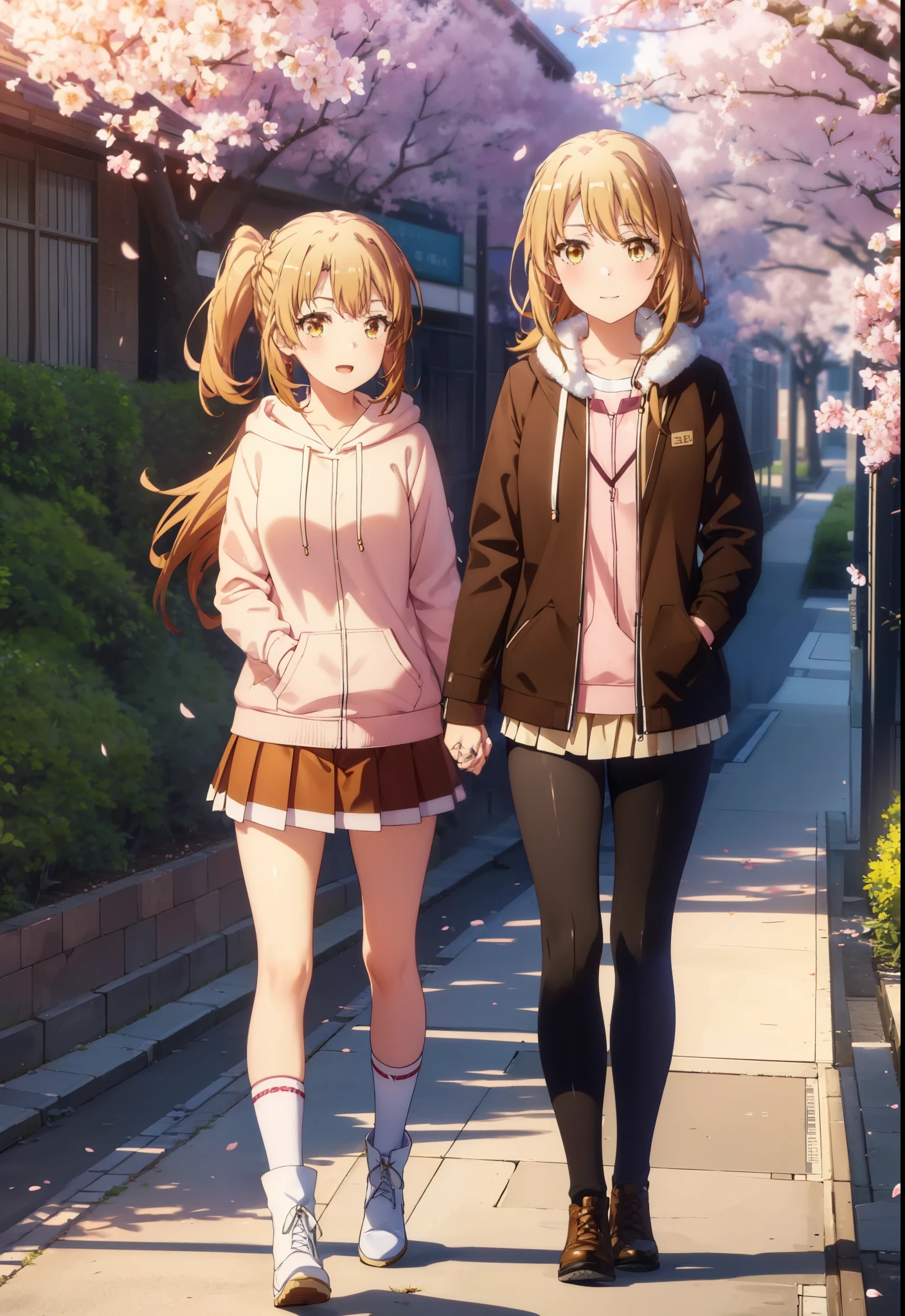 irohaisshiki, iroha isshiki, long hair, brown hair, (brown eyes:1.5), happy smile, smile, open your mouth,short braided hair,ponytail,animal ears　fox ears,animal tail　Fox tail oversized pink hoodie,Yellow pleated skirt,white knee socks,Mini Boots,walking,Cherry blossom tree-lined path,cherry blossoms are blooming,Cherry blossoms are scattered,昼
break outdoors, garden,
break looking at viewer, (cowboy shot:1. 5)
break (masterpiece:1.2), highest quality, High resolution, unity 8k wallpaper, (figure:0.8), (beautiful deしっぽed eyes:1.6), extremely deしっぽed face, perfect lighting, extremely deしっぽed CG, (perfect hands, perfect anatomy),