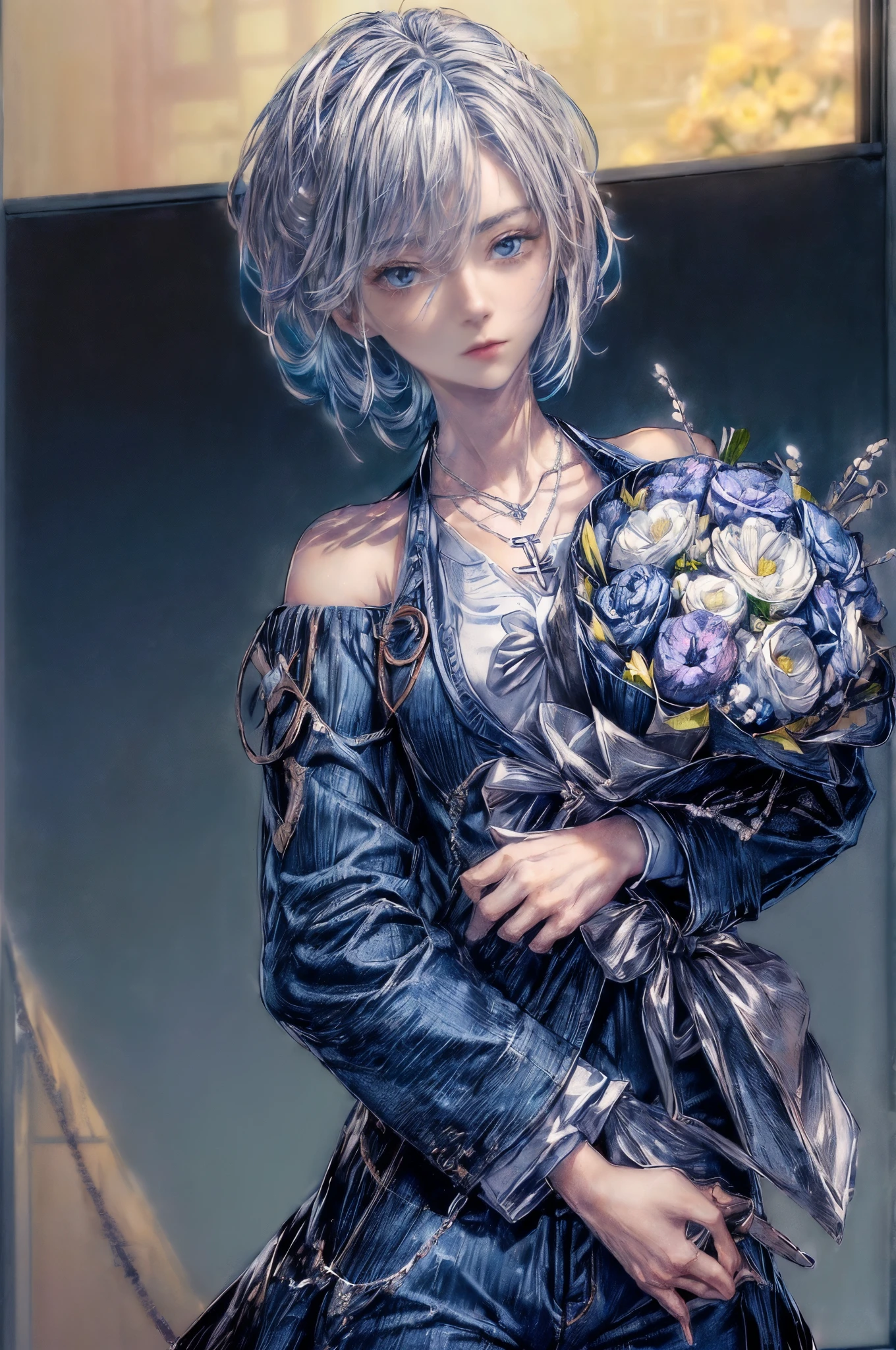 cinematic lighting、highest quality,A bright cyberpunk world、1 female、(20 year old beautiful woman with blue hair、Detailed beautiful facial 、short hair、shoulder length hair、blue eyes:1.4)break,medium hair、(（Overall vivid BLUE hair color:2.0）)
break(hair all blue:1.5)
 (Perfect dark black jacket blazer、dark blue trousers:1.3), (white collar shirt👔、Silver Cross necklace:1.3)、break.
（Stylish, modern office style、Bright office atmosphere、Inside a spacious stylish modern office with windows、daytime:1.2）break（portrait angle）BREAK.(1つの紫の花束💐ブーケを手に持って、give you a bouquet:2.0)holding a bouquet