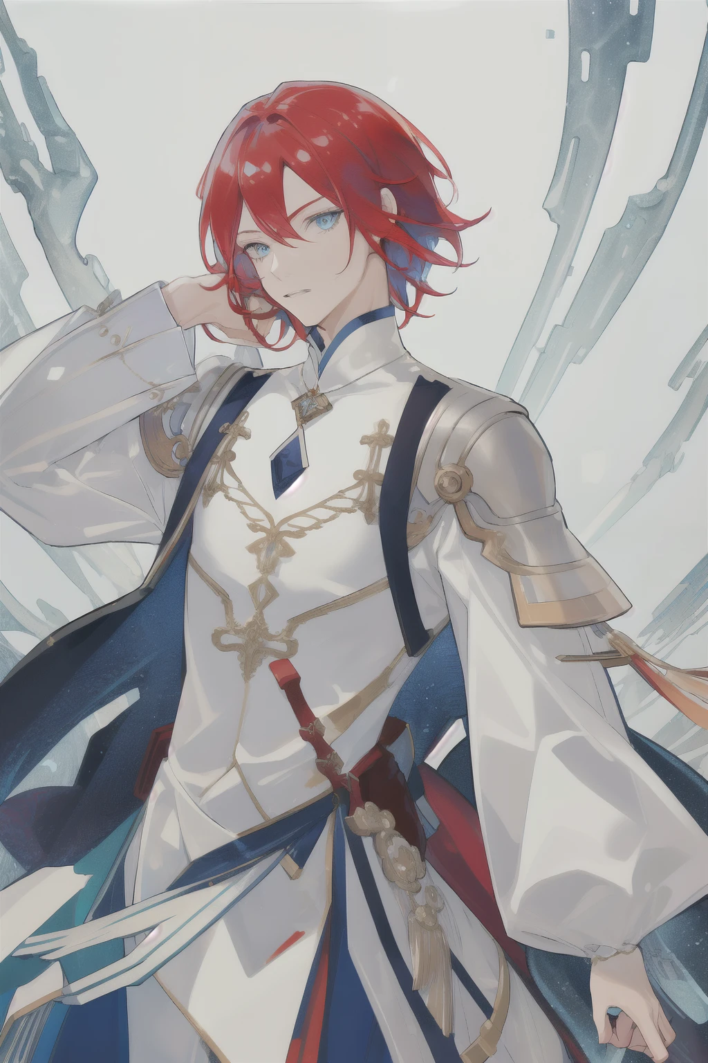 (best quality,absurdres:1.2,highres), detailed, high quality, 1 male, short hair, shoulder length hair, blue eyes, red hair, white clothes, patterns on clothes, very detailed design, a lot of details, fantasy design