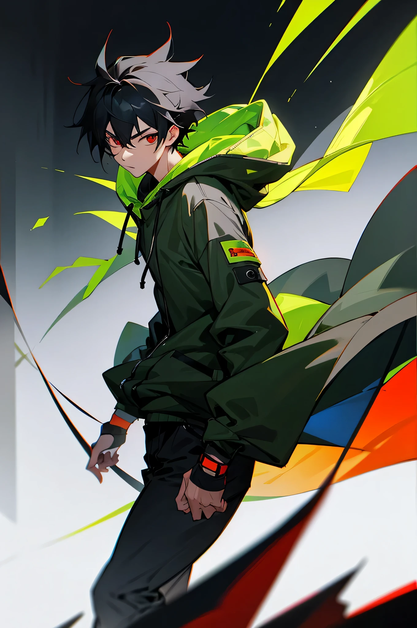 Male, 20 years old, fit, black hair with green on the side of the hair, Gray combat hoodie, tall, red eyes,