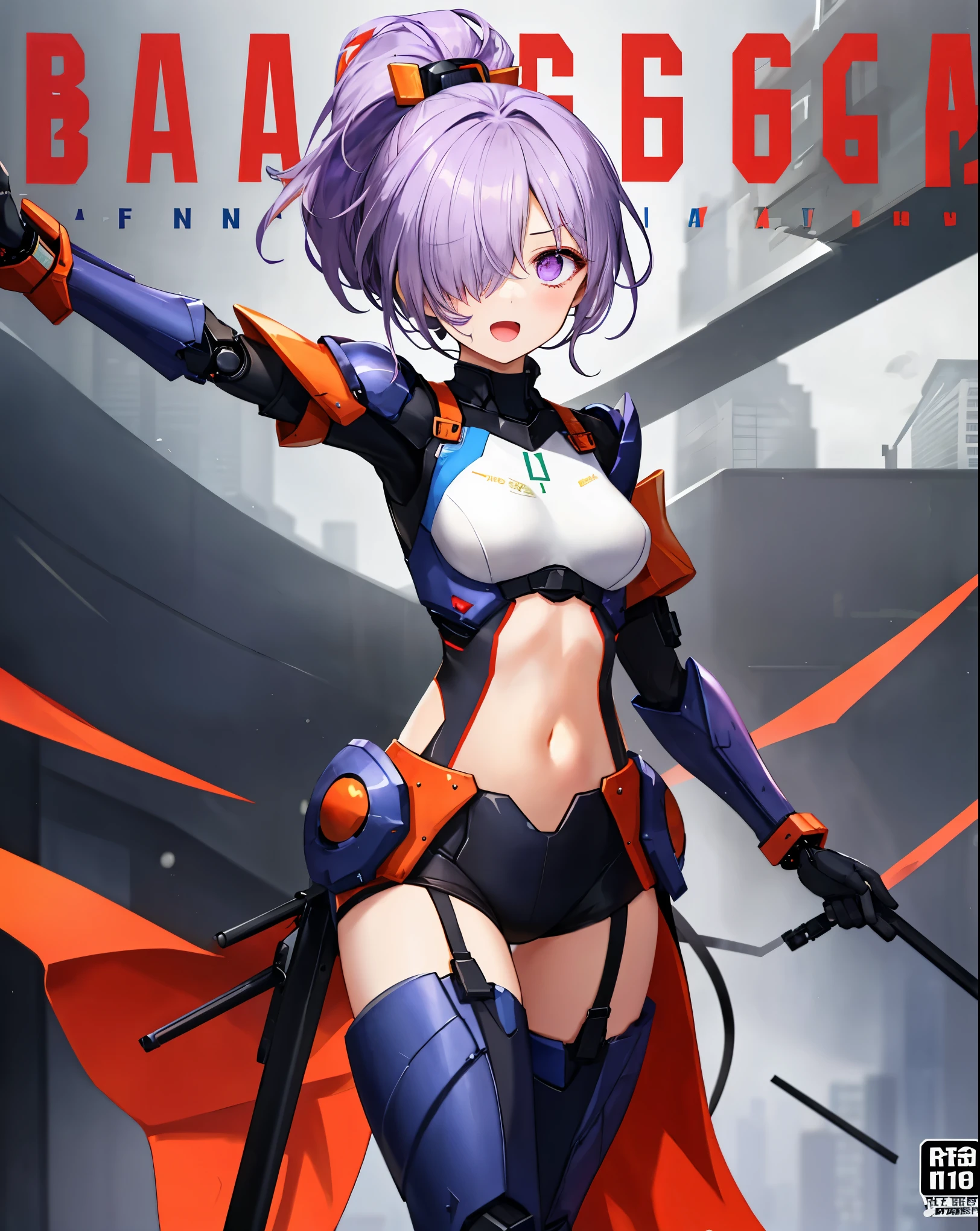 ,1girl,(teen:1.5), (short_ponytail:1.3), (light_whitish_purple_hair:1.3),black_mechanical_armor,white_breasts_parts_red_black_body_suit,bare_shoulder,bare_slender_thighs,medium_breasts,city_background,Stinging_eyes,sleepy,thighhigh_greaves,gauntlets,dynamic_posing,bare_frank,metal_red_parts_armor,red_eye,solo,
fists,hold_weapon,glare,navel,large_mechanical_parts,happy,waist_armor,open_mouth,rise_legs,apart_legs, (covered_navel:1.3),(very_long_bangs:1.3), (hair_over_one_eye:1.5),(long_bang_covers_right_half_of_face:1.5),
(covered_pussy:1.1),covered_breasts,fighting,