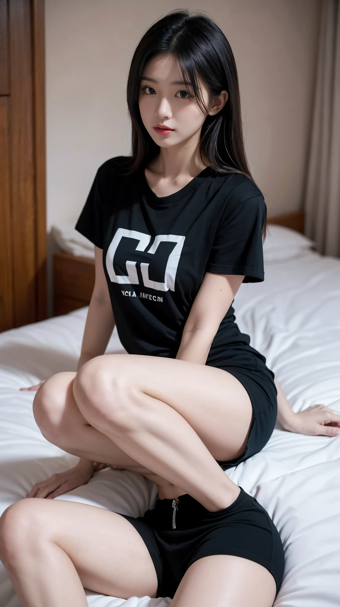 masterpiece:2.0，best quality,  Black medium hair，She is wearing a black T-shirt，low cut，Wear black shorts，medium chest，sitting on bed，legs between legs